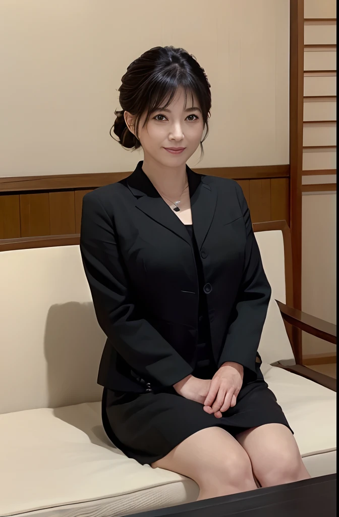 ((1人の女性,The most beautiful faces in Japan,40 years,Old face,A MILF,There are wrinkles at the corners of the eyes,A detailed face,Perfect gas chamber,Looking at the camera,View here)),((((Black shirt,Black suit jacket,Black skirt,Black mourning clothes)))),((pearls necklace,Classy hairstyle,natural make up,The chest is very bulging,large full breasts,Smile here,Lowered eyebrows,drooping eyebrows,Staring at them with an adorable expression,Sitting in a Japanese-style room,Japanese-style tatami room,shoji,,Seowon Building,Sitting on a cushion in a room in Japan,Looking at the camera,look at a camera,Take a photo above from your lap)),((Turn to this,View here,Perfect fingers,perfect arms,细致背景,top-quality,The ultra -The high-definition,Perfect Anatomy,high-definition RAW color photography,professional photograpy, extremely delicate and beautiful, Extremely detailed,finely detail, Huge file size,Top image quality,8K,Award-Winning Works,masutepiece))