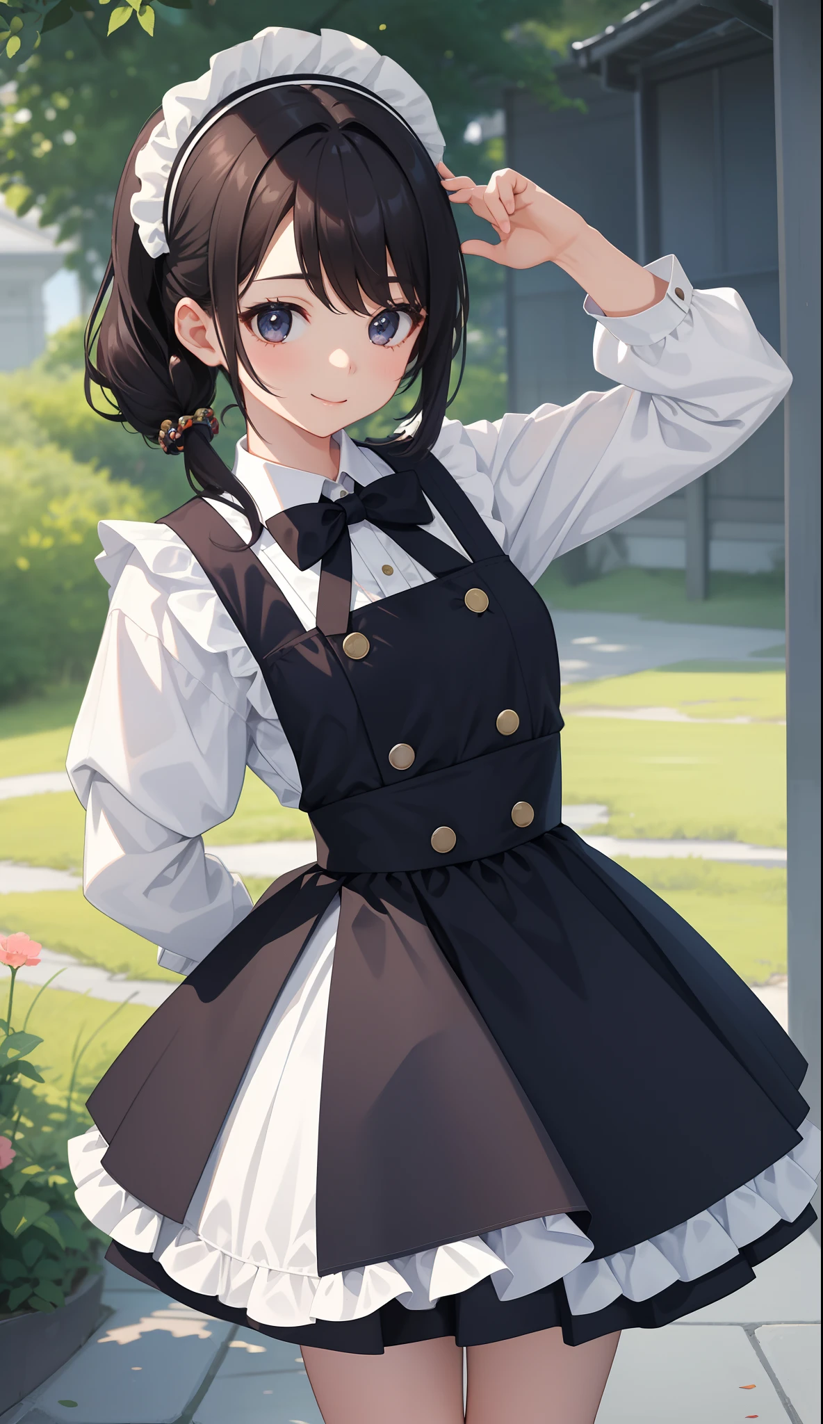 1girl in、AS-Adult、A smile、The shirt、skirt by the、(small tits)、doress、pinafore、Hair decoration、(Maid costume)、、Upper body portrait、movement、