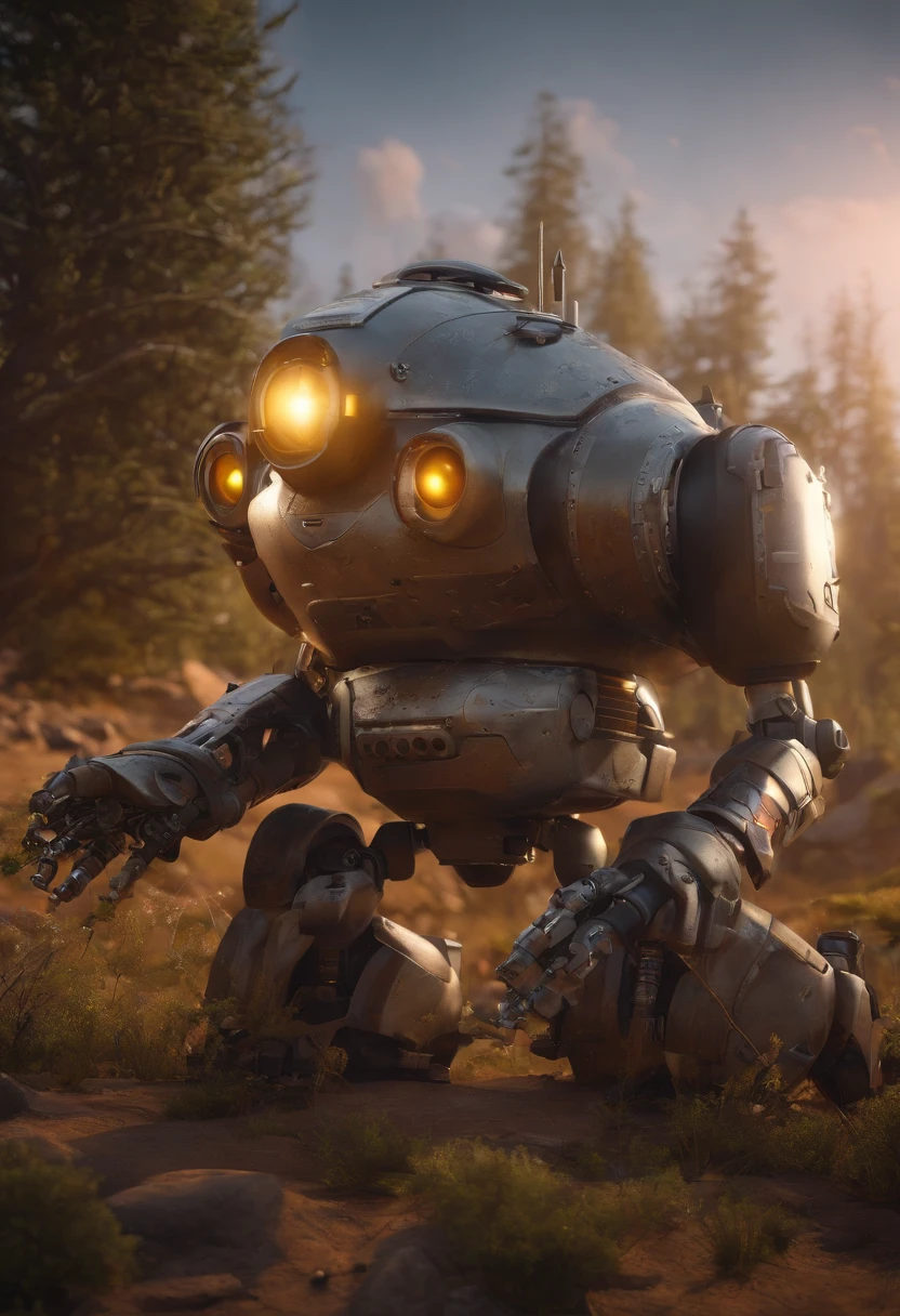 A toon Crazy whit a Big ONE a Only Eye Robot CCCP Soviet, and helmet Style, tongs in hands, Tv head, pinhead, camouflage Gold Silver Pink Rusty, Ambient in a meteorite crater super detailed, center, beautiful, soft lighting, focused on the character, 4K resolution, photorealistic rendering,