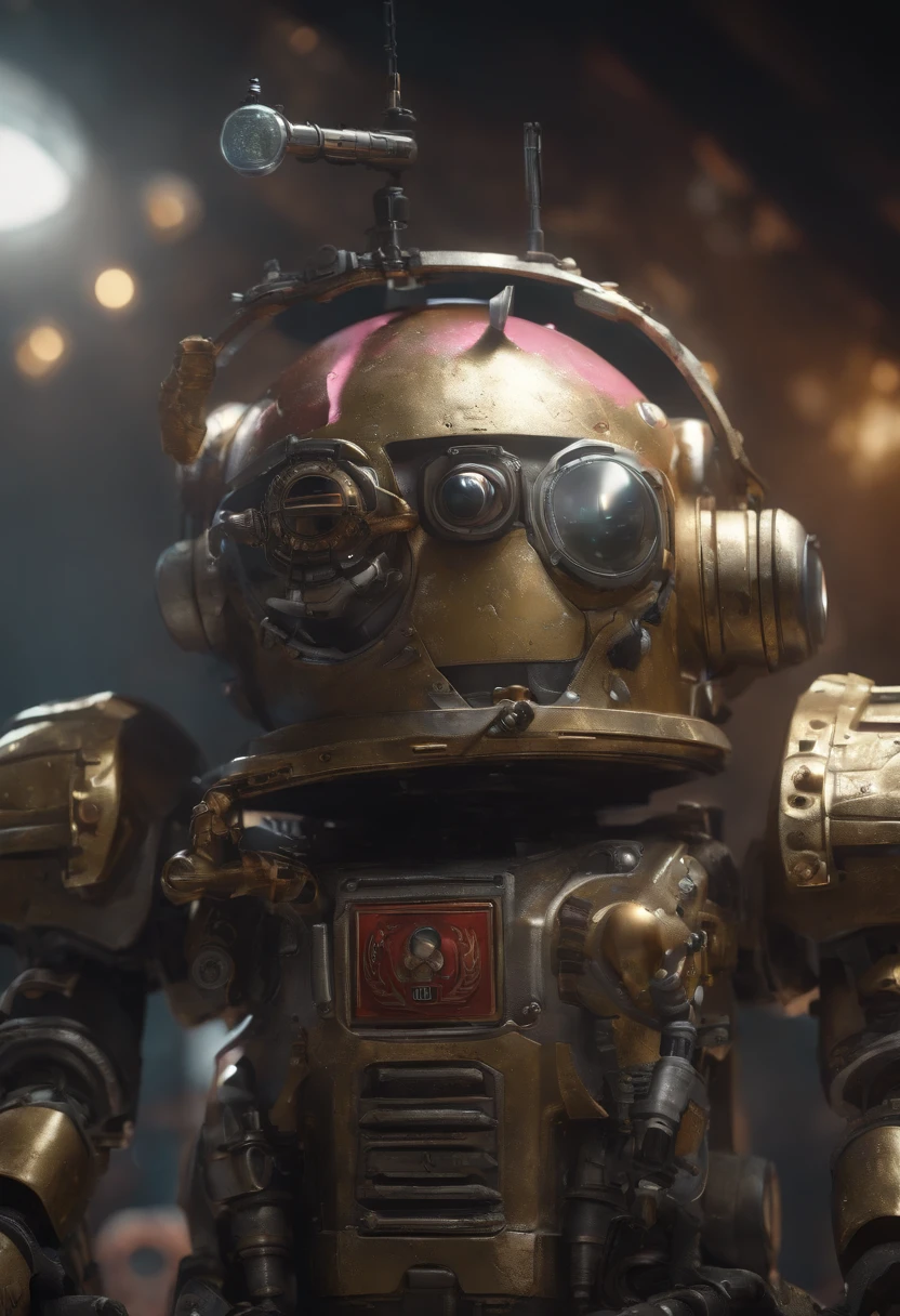A toon Crazy whit a Big ONE a Only Eye Robot CCCP Soviet, and helmet Style, tongs in hands, Tv head, pinhead, camouflage Gold Silver Pink Rusty, Ambient in a meteorite crater super detailed, center, beautiful, soft lighting, focused on the character, 4K resolution, photorealistic rendering,