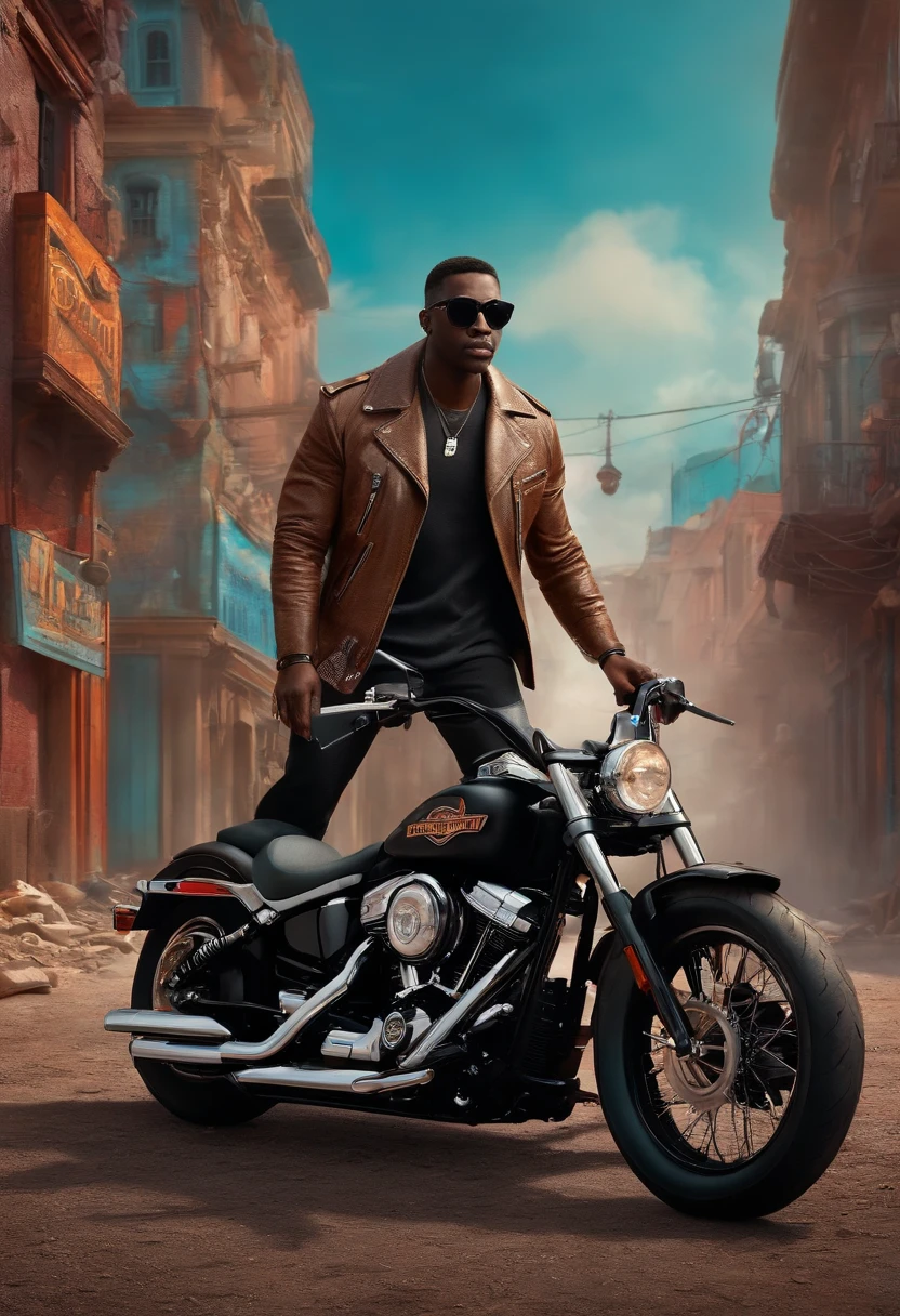 a Disney Pixar-style 3D poster of a black man, vestindo roupas pretas, casaco preto, with sunglasses, with an 883 Harley Davidson by his side against a backdrop of apocalyptic chaos