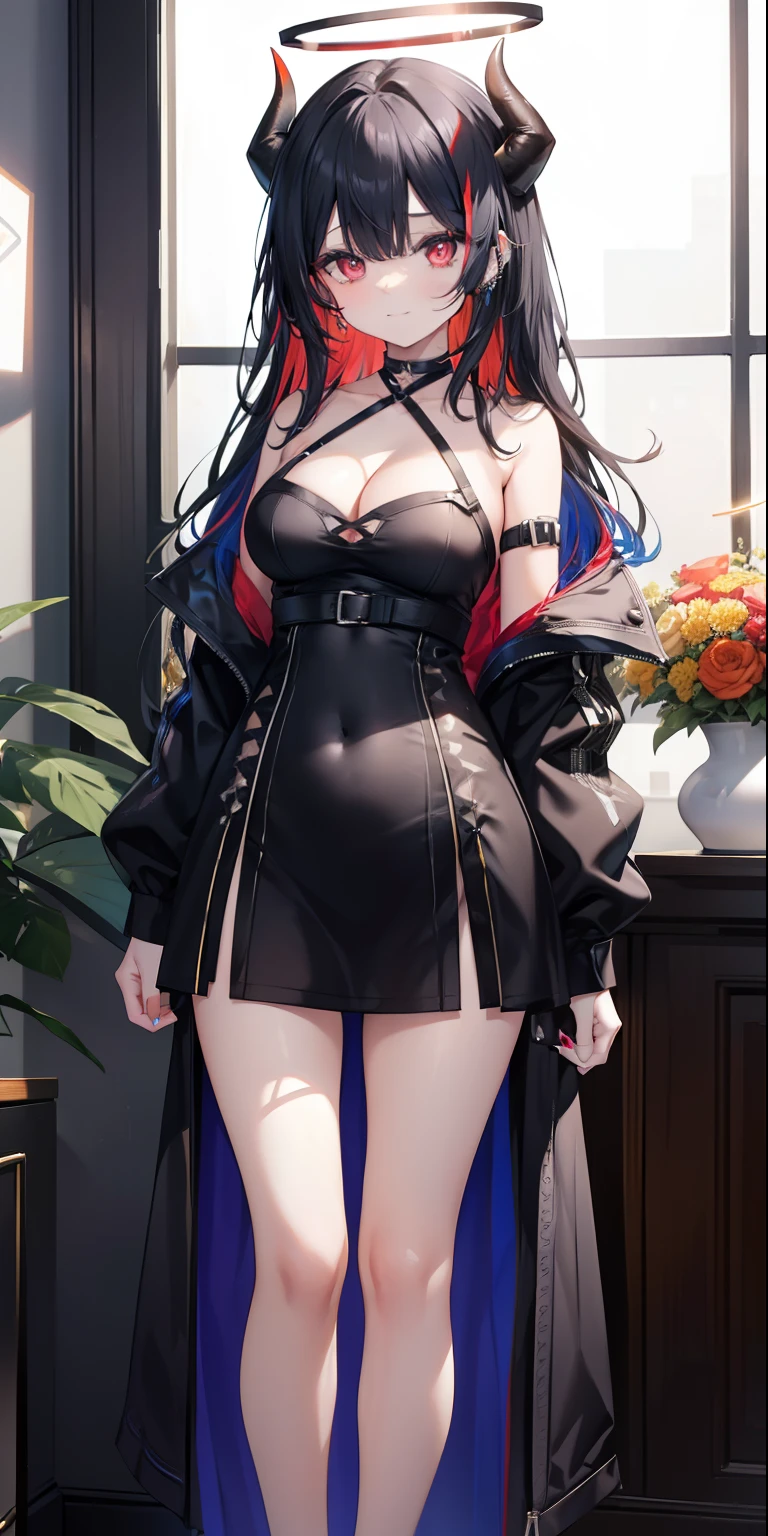 Human, 1girl, bangs, bare legs, black hair, black panties, breasts, choker, cleavage, closed mouth, demon horns, ear piercing, flower, halo, horns, indoors, kayoko \(blue file\), long hair, long sleeves, looking at viewer, multicolored hair, navel, piercing, red eyes, standing, smiling, alone, two-tone hair, ((outfit: cabo dress black)), vase, wariza, white hair, white shirt , to win