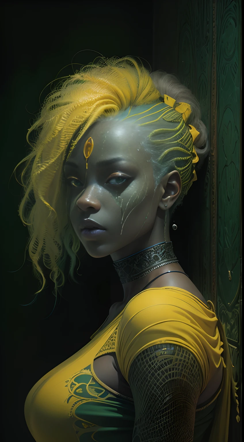 pretty young ebony woman, makeup clown, yellow hair, abs, portrait, green background, perfect composition, beautiful detailed intricate insanely detailed octane render trending on artstation, 8 k artistic photography, photorealistic concept art, soft natural volumetric cinematic perfect light, chiaroscuro, award - winning photograph, masterpiece, oil on canvas, raphael, caravaggio, greg rutkowski, beeple, beksinski, giger