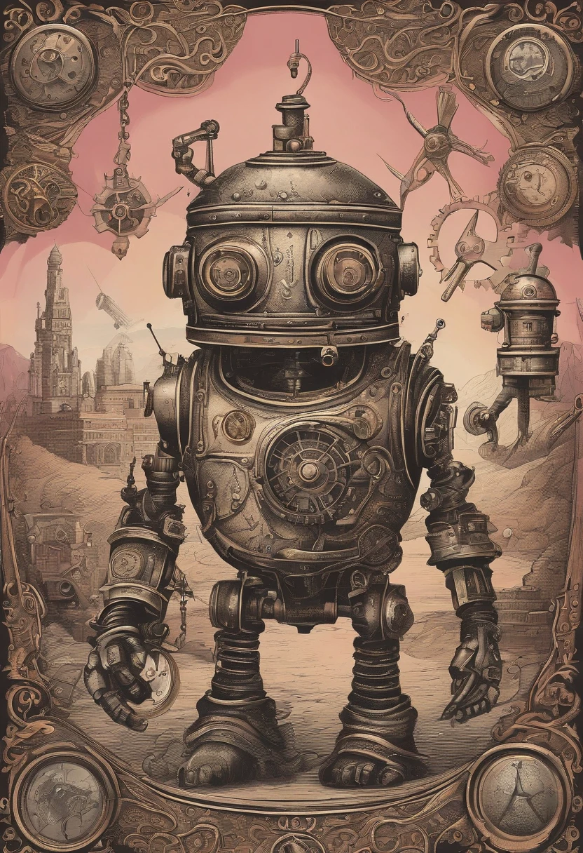 A toon Crazy whit a Big ONE a Only Eye Robot CCCP Soviet, and helmet Style, tongs in hands, Tv head, pinhead, camouflage Gold Silver Pink Rusty, Ambient in a meteorite crater super detailed, center, beautiful, soft lighting, focused on the character, 4K resolution, photorealistic rendering,
