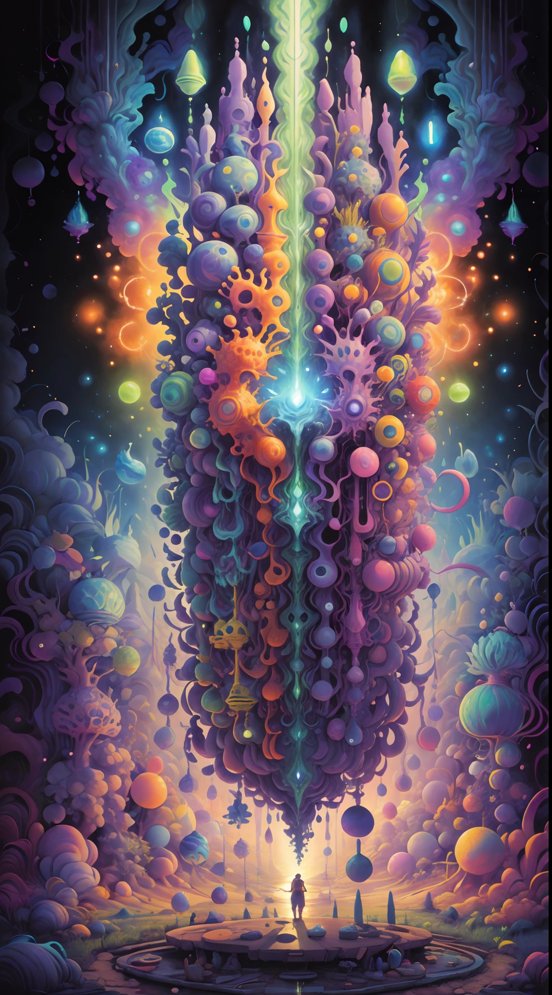Digital illustration like oil painting masterpiece, beautiful_terrorific_visionary psychedelic trip into    DMT-5 effects,  entropy , in the unified theory, spiritual human body map and different form of connection without other multiples spiritual and organic intelligent  creatures , Everything is one, everything is connected, reality is a type of energy network similar to grandmother's cross-stitch fabric, plasmatic-organic-energetic and spiritual, All the visual ecstasy is increased by  of a little drops to acid lisergic 25 effects, The creative energy watches us