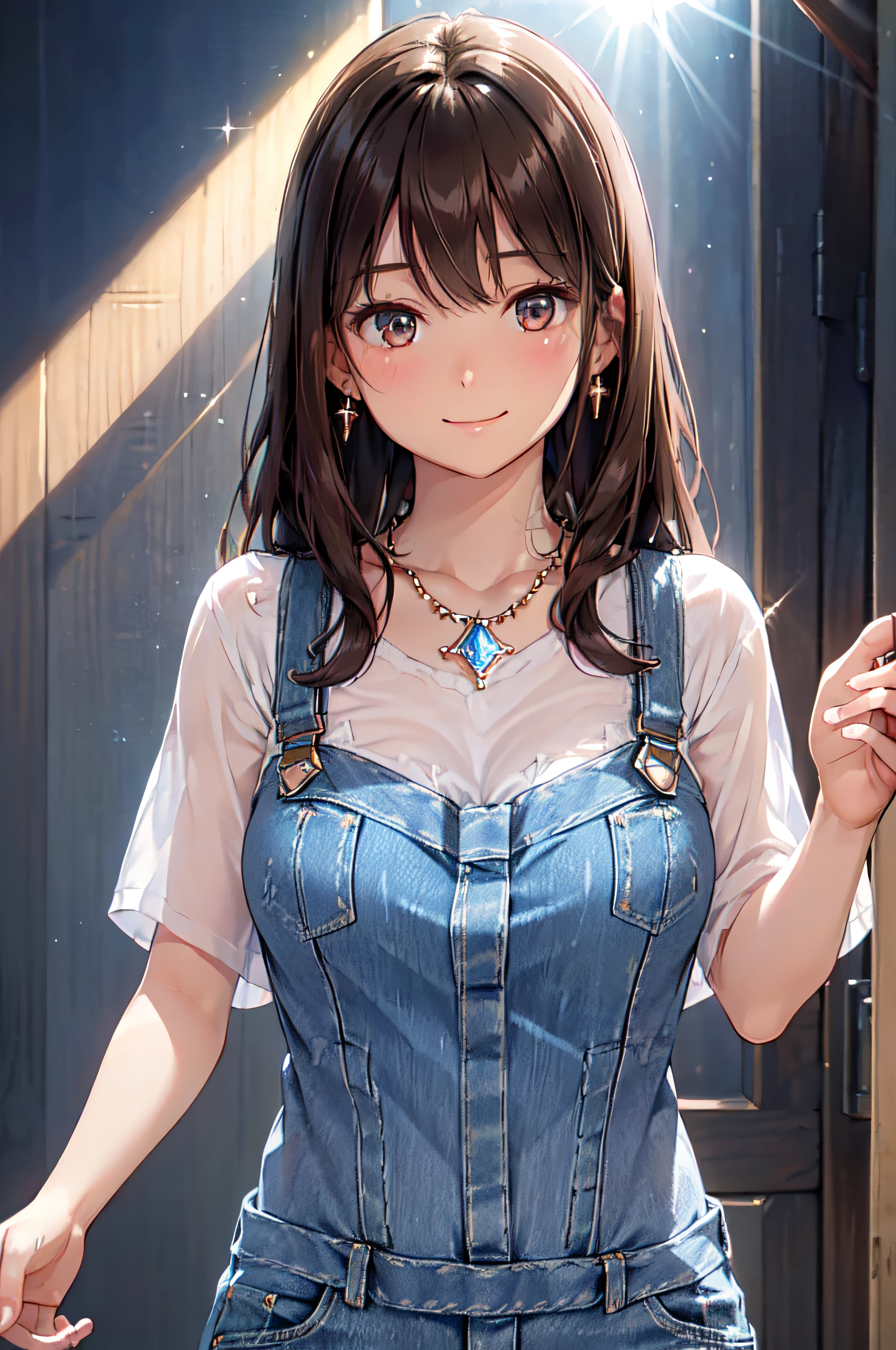 (High quality, High resolution, Fine details, Realistic), Long Wave Hair、Dark brown hair、Earring、Small necklace、No shirt, Denim Overallwear, Raise one hand, Block sunlight with your hands, crystal clear skies, Strong sunshine, Solo, Adult Woman, Sparkling eyes, Smile, blush, Large breasts, Oily skin, Shallow depth of field