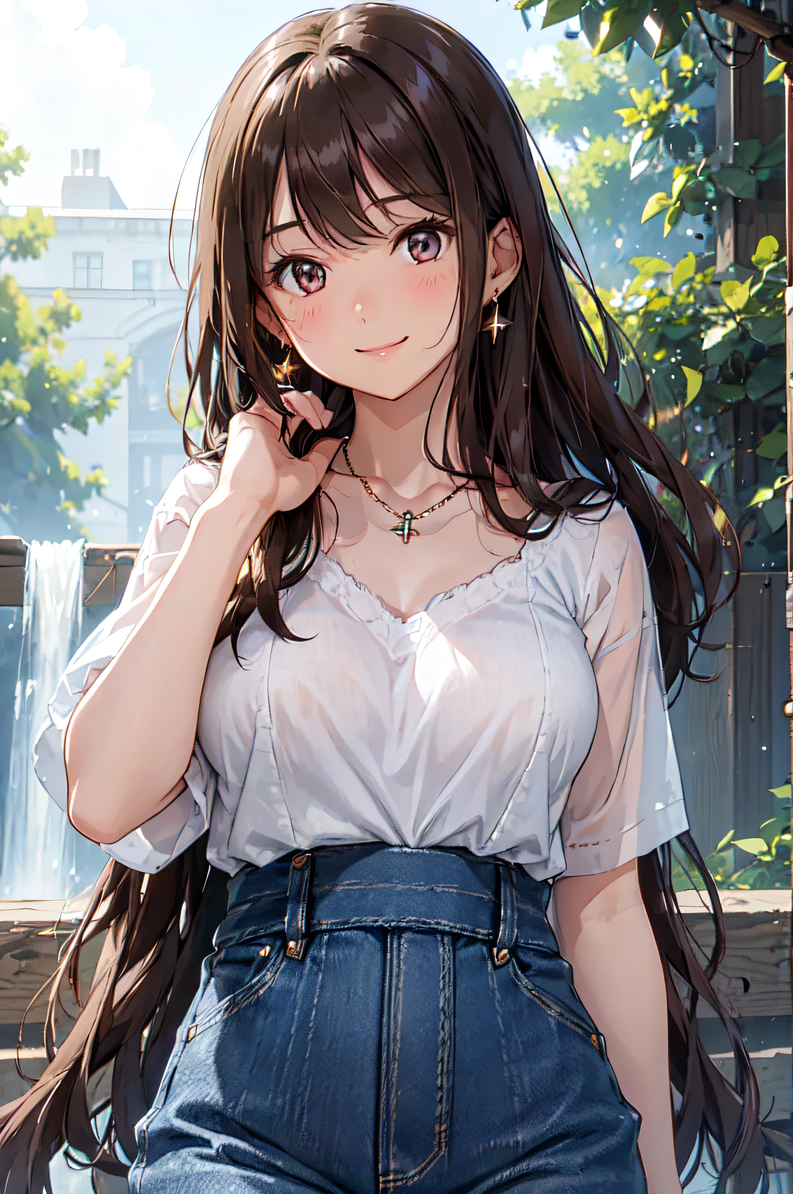 (High quality, High resolution, Fine details, Realistic), Long Wave Hair、Dark brown hair、Earring、Small necklace、No shirt, Denim Overallwear, Raise one hand, Block sunlight with your hands, crystal clear skies, Strong sunshine, Solo, Adult Woman, Sparkling eyes, Smile, blush, Large breasts,  Oily skin, Shallow depth of field