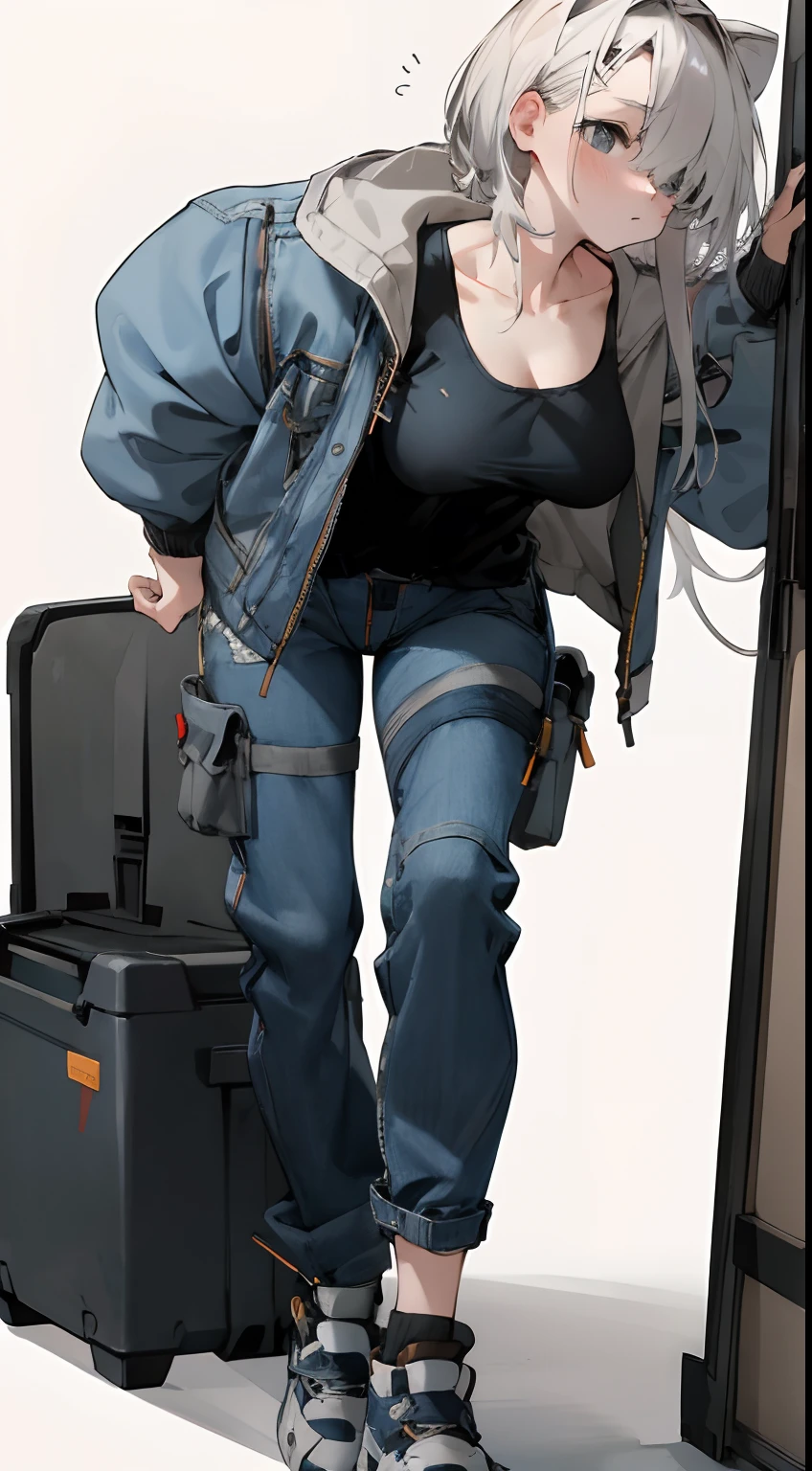 Leakage out of the collarbone,Neck leakage,Denim jacket,cargo pants,boobgasm,athletic sneakers,Board shoes,Stand up,standing straight,Blank background