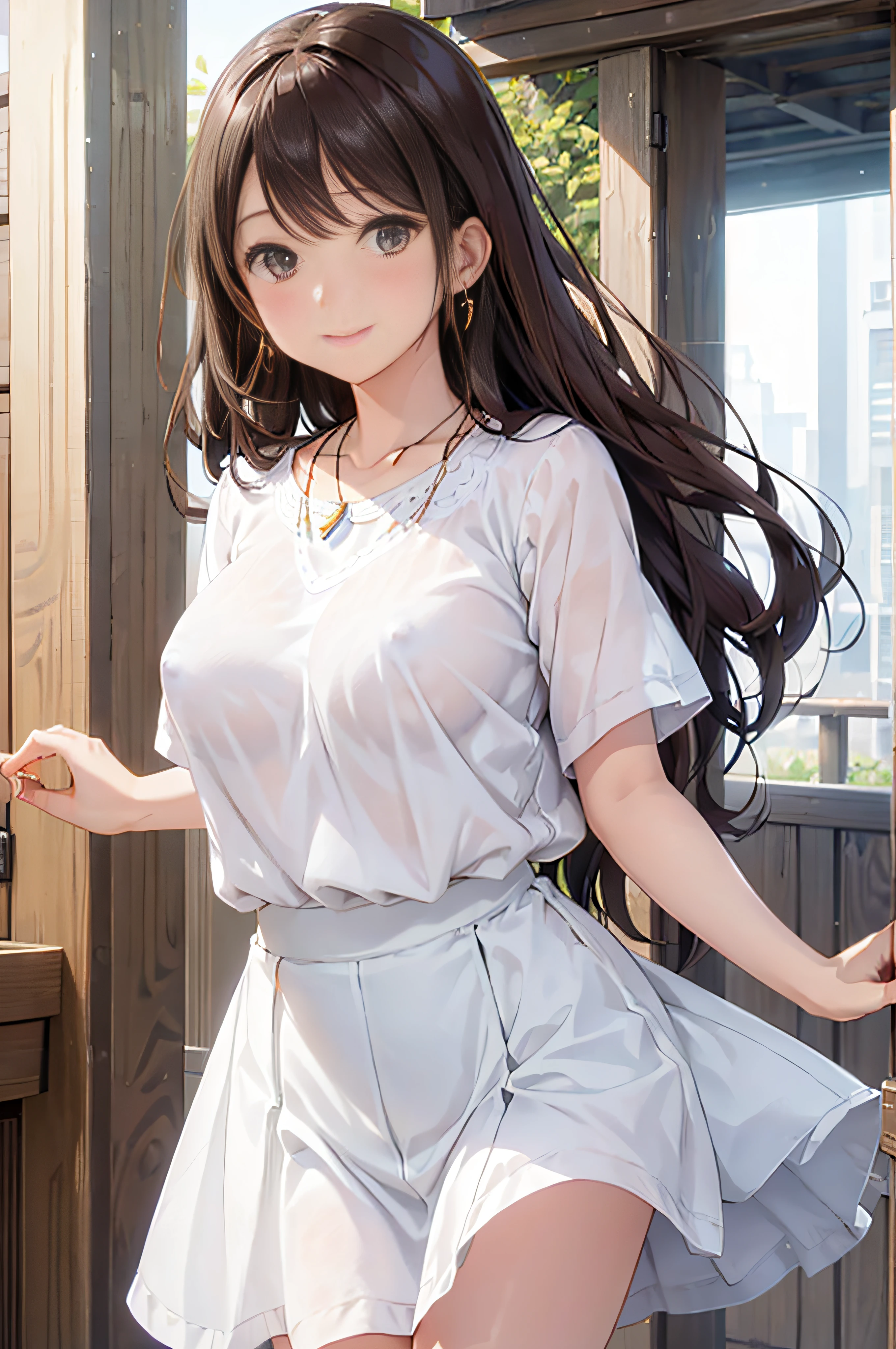 (High quality, High resolution, Fine details, Realistic), Long Wave Hair、dark brown hair、Earring、Modest necklace、Short sleeved white shirt, Denim Mini Skirt, Raise one hand, Block sunlight with your hands, crystal clear skies, Strong sunshine, Solo, Adult Woman, Sparkling eyes, Smile, blush, Large breasts, Oily skin, Shallow depth of field、Puffy nipple