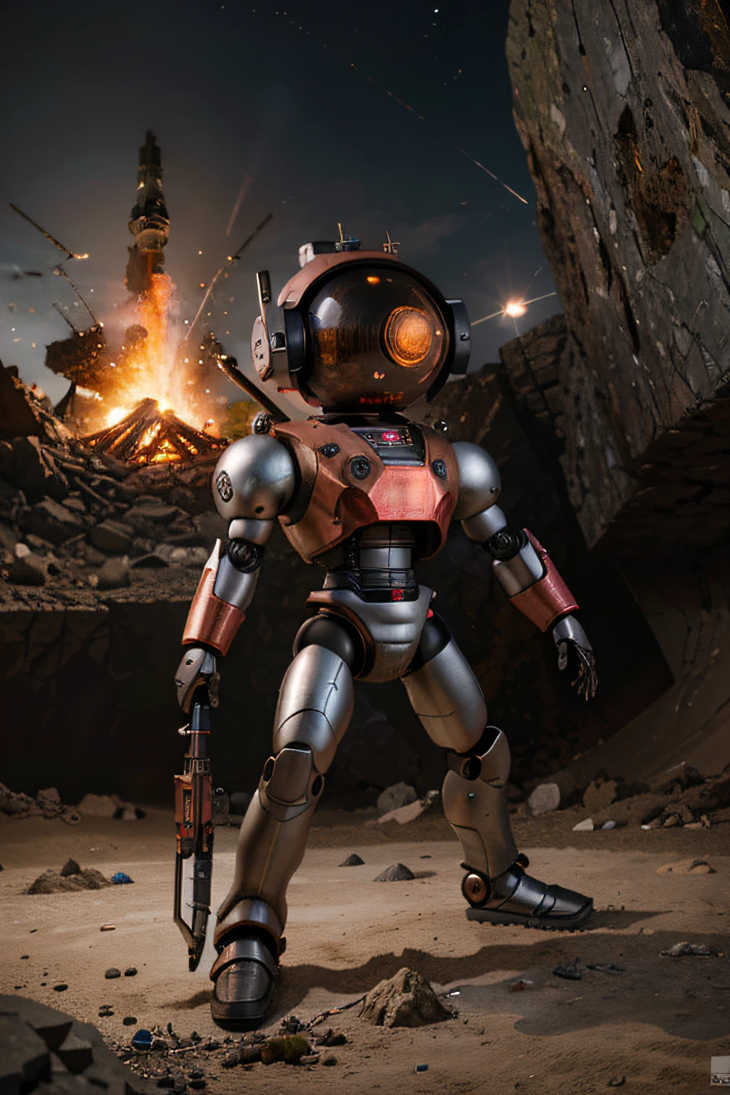 A toon Crazy whit a Big ONE a Only RED Eye Robot CCCP Soviet, and sEport team, tongs in hands, Tv head, pinhead, camouflage Gold Silver Pink Rusty, Ambient in a meteorite crater super detailed, center, beautiful, soft lighting, focused on the character, 4K resolution, photorealistic rendering,