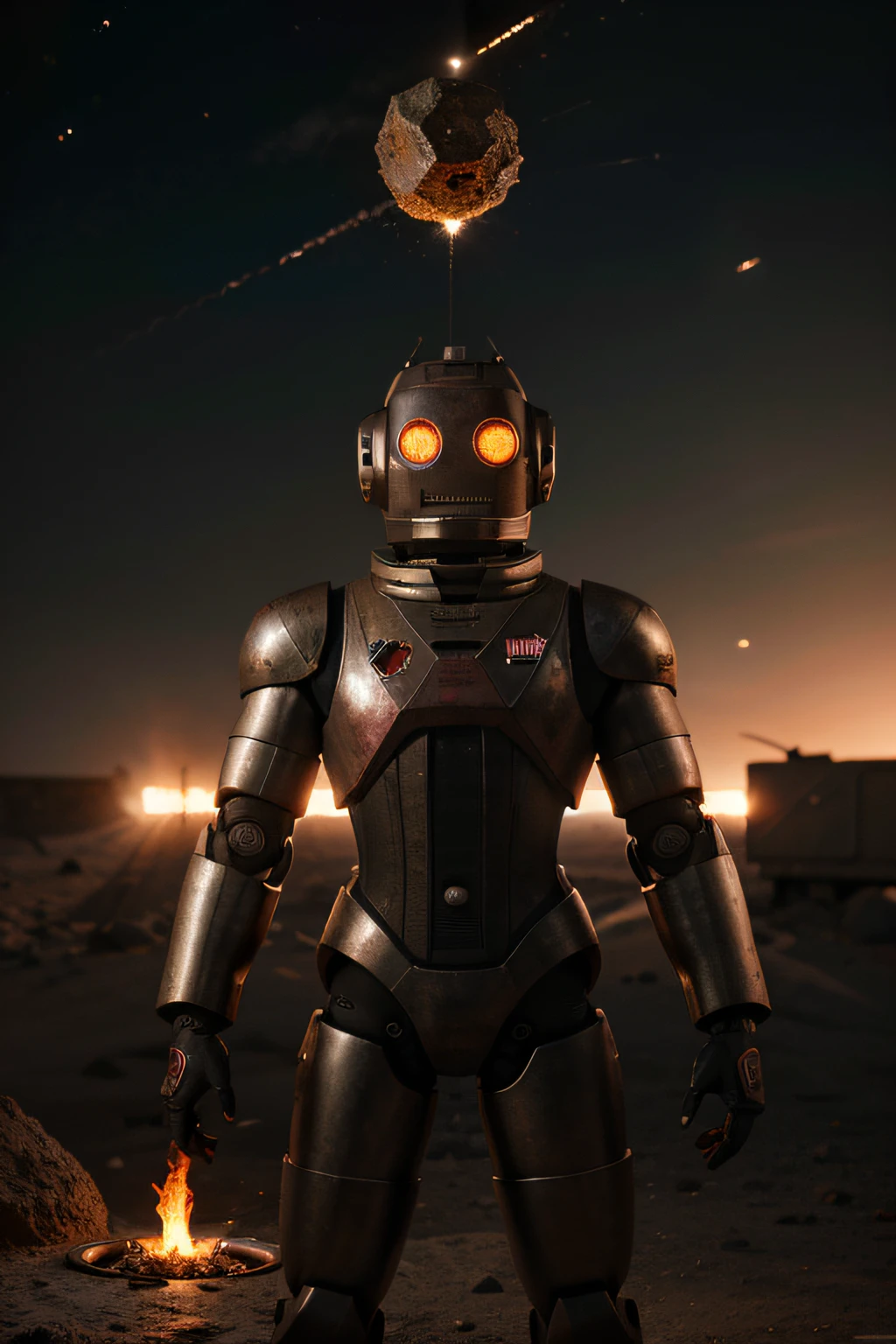 A toon Crazy whit a Big ONE a Only RED Eye Robot CCCP Soviet, and sEport team, tongs in hands, Tv head, pinhead, camouflage Gold Silver Pink Rusty, Ambient in a meteorite crater super detailed, center, beautiful, soft lighting, focused on the character, 4K resolution, photorealistic rendering,