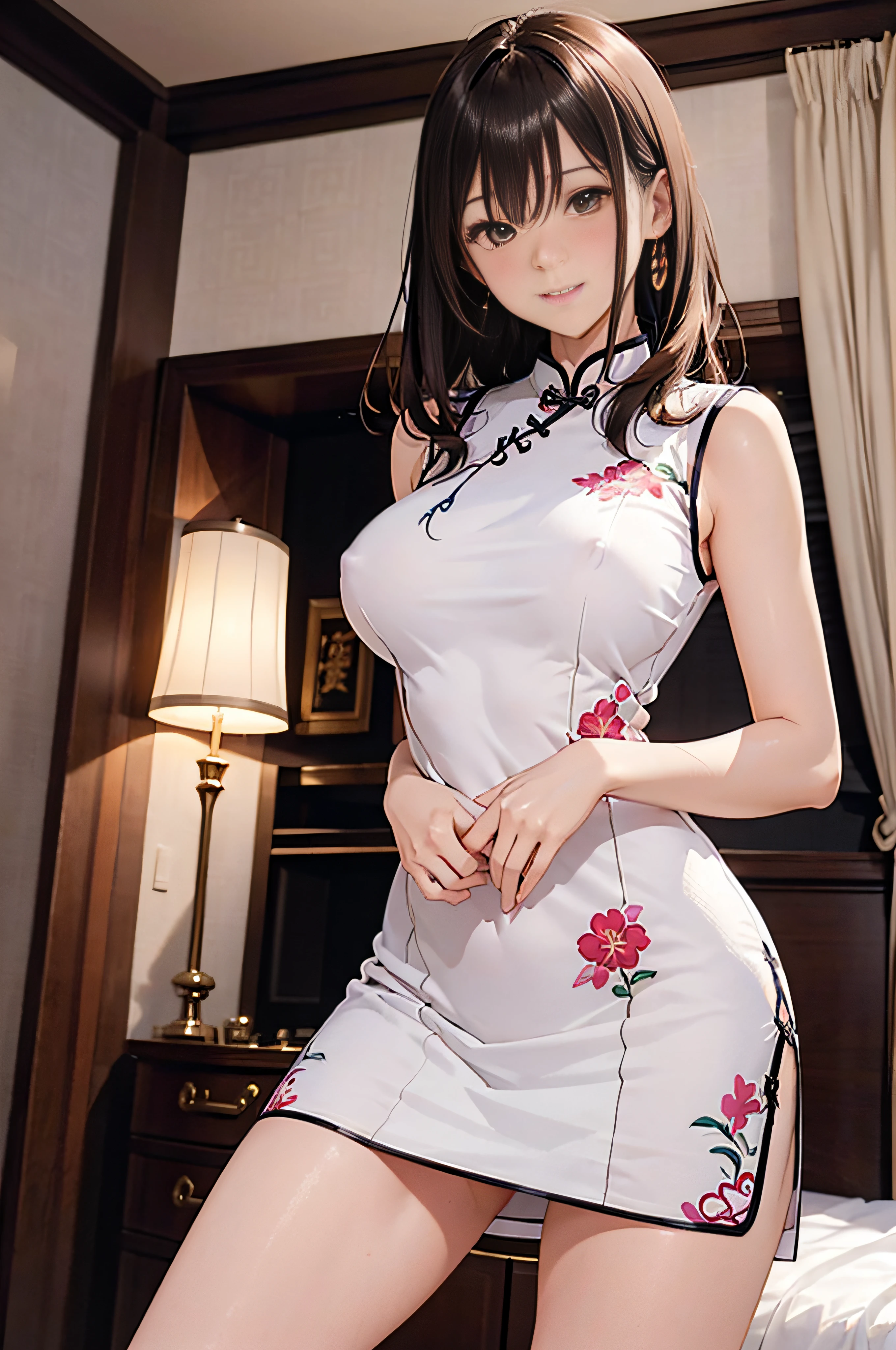 masutepiece,Best Quality,High resolution,Fine details,Solo,Adult Woman,blush,Curve,Large breasts,Oily skin,(Brightly colored embroidered cheongsam),(a luxury hotel room、Changing clothes)、Dark brown longhair、Shy laughter、Stretch the hem of the buttocks with a slouch、Stockings、Puffy nipple