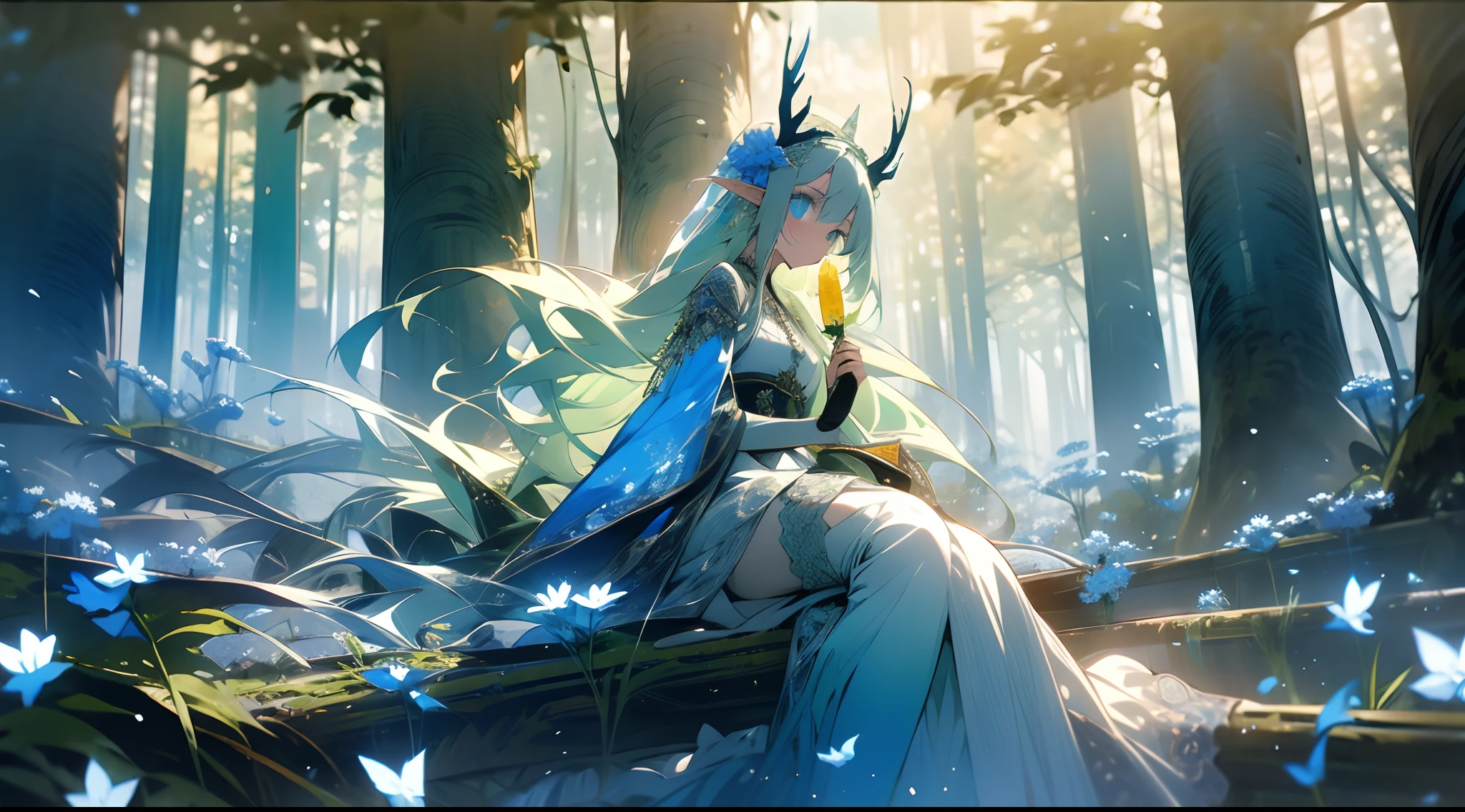 Green girl with long hair，blue color eyes，Elf style，Wearing a long green lace dress，The scene is in the forest，Over-the-knee lace stockings，Sitting on a yellow deer，Holding a light blue flower in his hand。