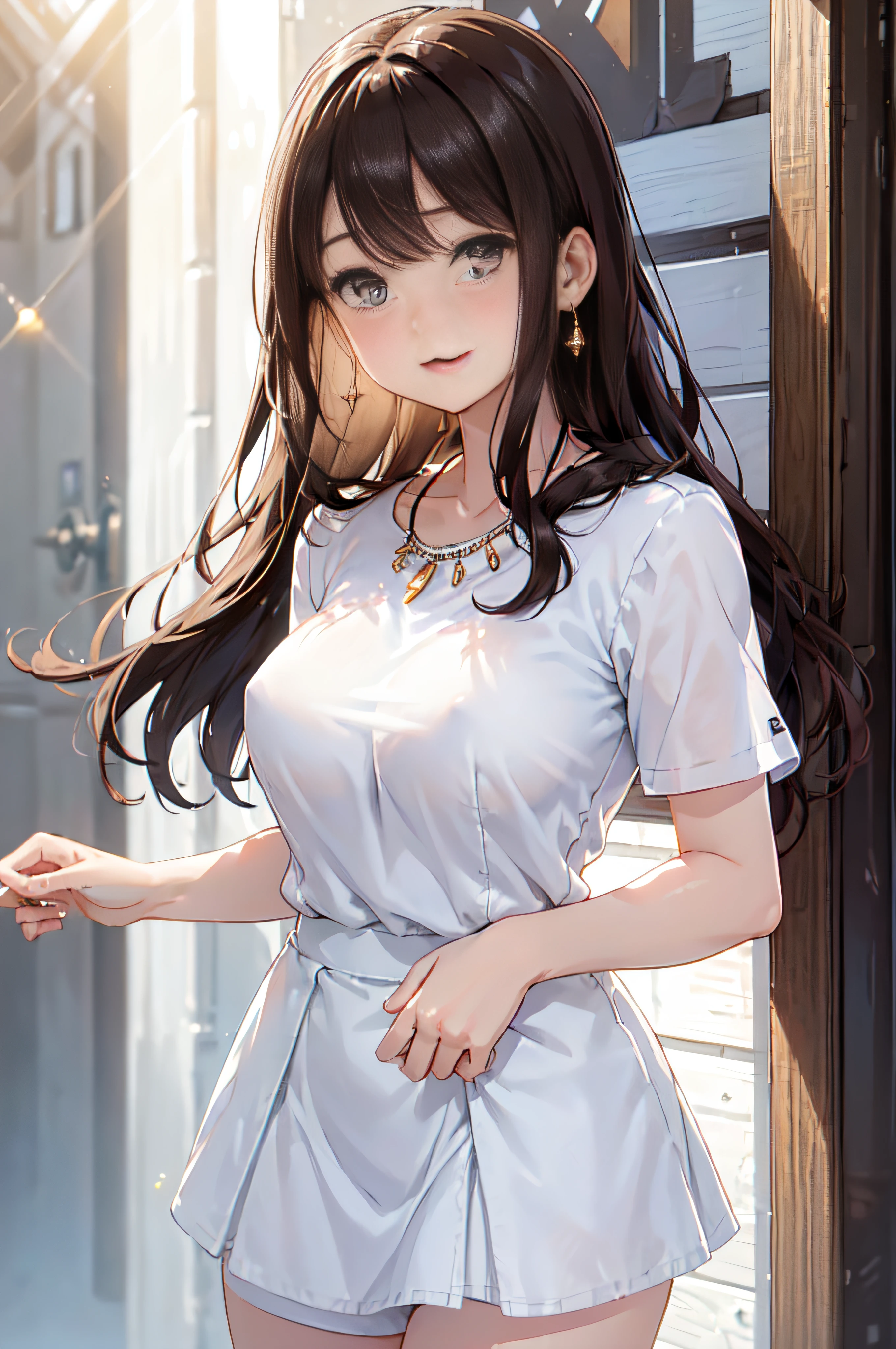 (High quality, High resolution, Fine details, Realistic), Long Wave Hair、dark brown hair、Earring、Modest necklace、White shirt with short sleeves, Tight denim mini skirt, Put your hands behind your back, crystal clear skies, Strong sunshine, Solo, Adult Woman, Sparkling eyes, Smile, blush, Large breasts, Oily skin, Shallow depth of field、Puffy nipple
