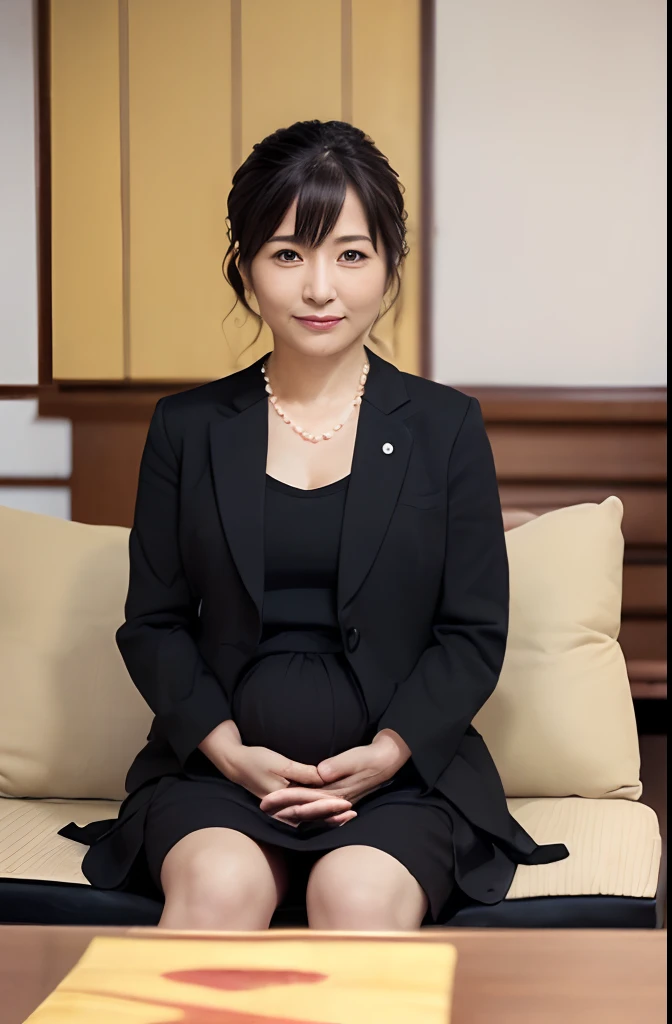 ((1人の女性,The most beautiful faces in Japan,40 years,Old face,A MILF,There are wrinkles at the corners of the eyes,Pregnancy,Big belly,A detailed face,Perfect gas chamber,Looking at the camera,View here)),((((Black shirt,Black suit jacket,Black skirt,Black mourning clothes)))),((pearls necklace,Classy hairstyle,natural make up,The chest is very bulging,Smile here,Lowered eyebrows,drooping eyebrows,Staring at them with an adorable expression,Sitting in a Japanese-style room,Japanese-style tatami room,shoji,,Seowon Building,Sitting on a cushion in a room in Japan,Looking at the camera,look at a camera,Take a photo above from your lap)),((Turn to this,View here,Perfect fingers,perfect arms,细致背景,top-quality,The ultra -The high-definition,Perfect Anatomy,high-definition RAW color photography,professional photograpy, extremely delicate and beautiful, Extremely detailed,finely detail, Huge file size,Top image quality,8K,Award-Winning Works,masutepiece))