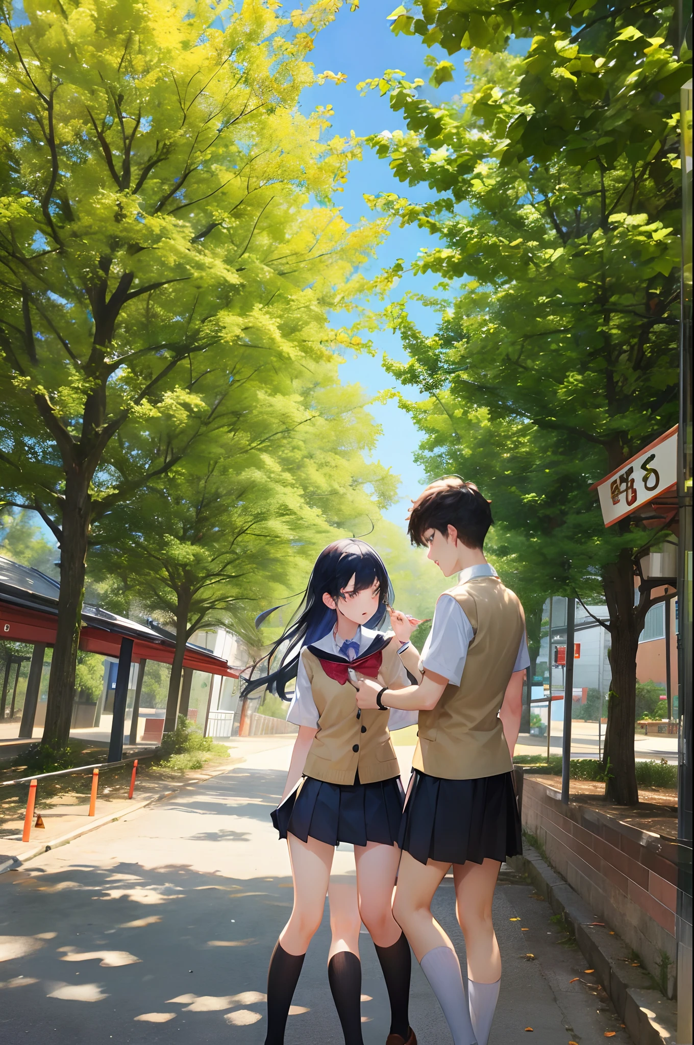 夏天,beautiful weather,leafy branches,youthful campus,Boys and girls in school uniforms,Look at each other affectionately。
