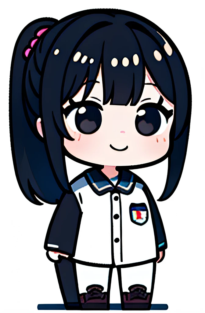 ((Best quality)), ((Masterpiece)),1 girl, animemanga girl,Q version characters,Black color hair,Tie a ponytail,White collared shirt,black long pants,Brown flats,Gentle expression,grin face,Thick lines,Plain white background,Side Body,The stands up
