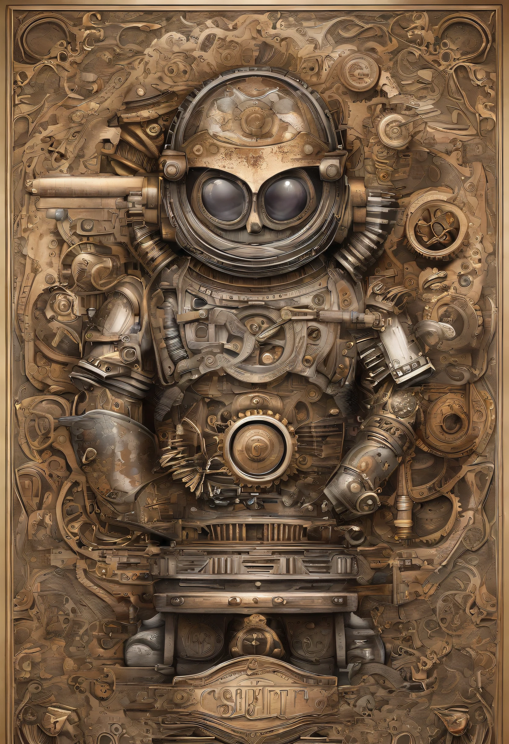 A toon Crazy whit a Big ONE a Only Eye Robot CCCP Soviet, and helmet Style, tongs in hands, Tv head, pinhead, camouflage Gold Silver Pink Rusty, Ambient in a meteorite crater super detailed, center, beautiful, soft lighting, focused on the character, 4K resolution, photorealistic rendering,