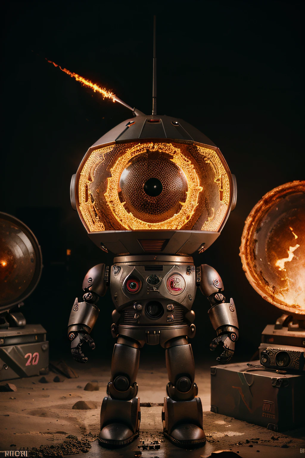 A toon Crazy whit a Big ONE a Only RED Eye Robot CCCP Soviet, and sEport team, tongs in hands, Tv head, pinhead, camouflage Gold Silver Pink Rusty, Ambient in a meteorite crater super detailed, center, beautiful, soft lighting, focused on the character, 4K resolution, photorealistic rendering,