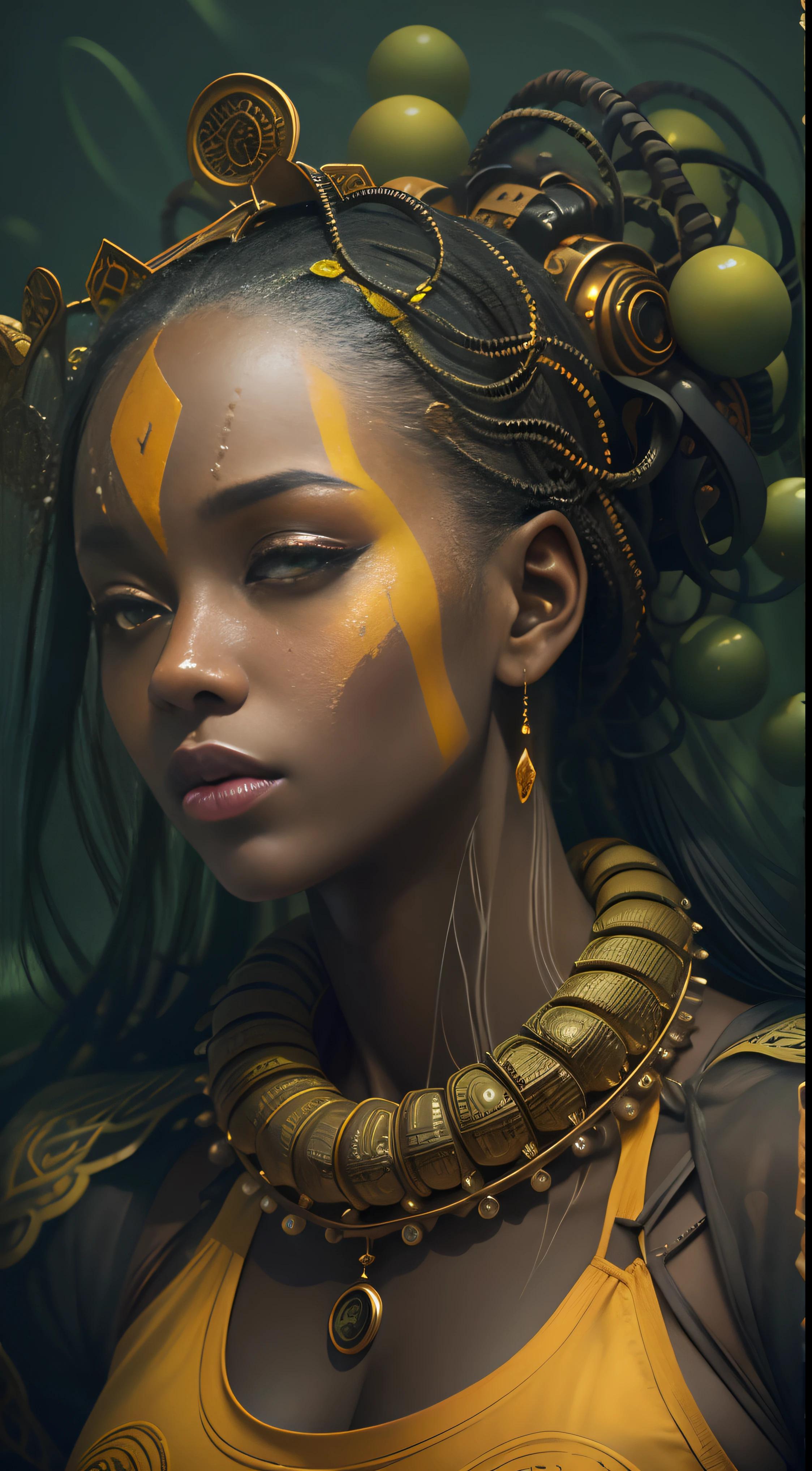pretty young ebony woman, makeup clown, yellow hair, abs, portrait, green background, perfect composition, beautiful detailed intricate insanely detailed octane render trending on artstation, 8 k artistic photography, photorealistic concept art, soft natural volumetric cinematic perfect light, chiaroscuro, award - winning photograph, masterpiece, oil on canvas, raphael, caravaggio, greg rutkowski, beeple, beksinski, giger