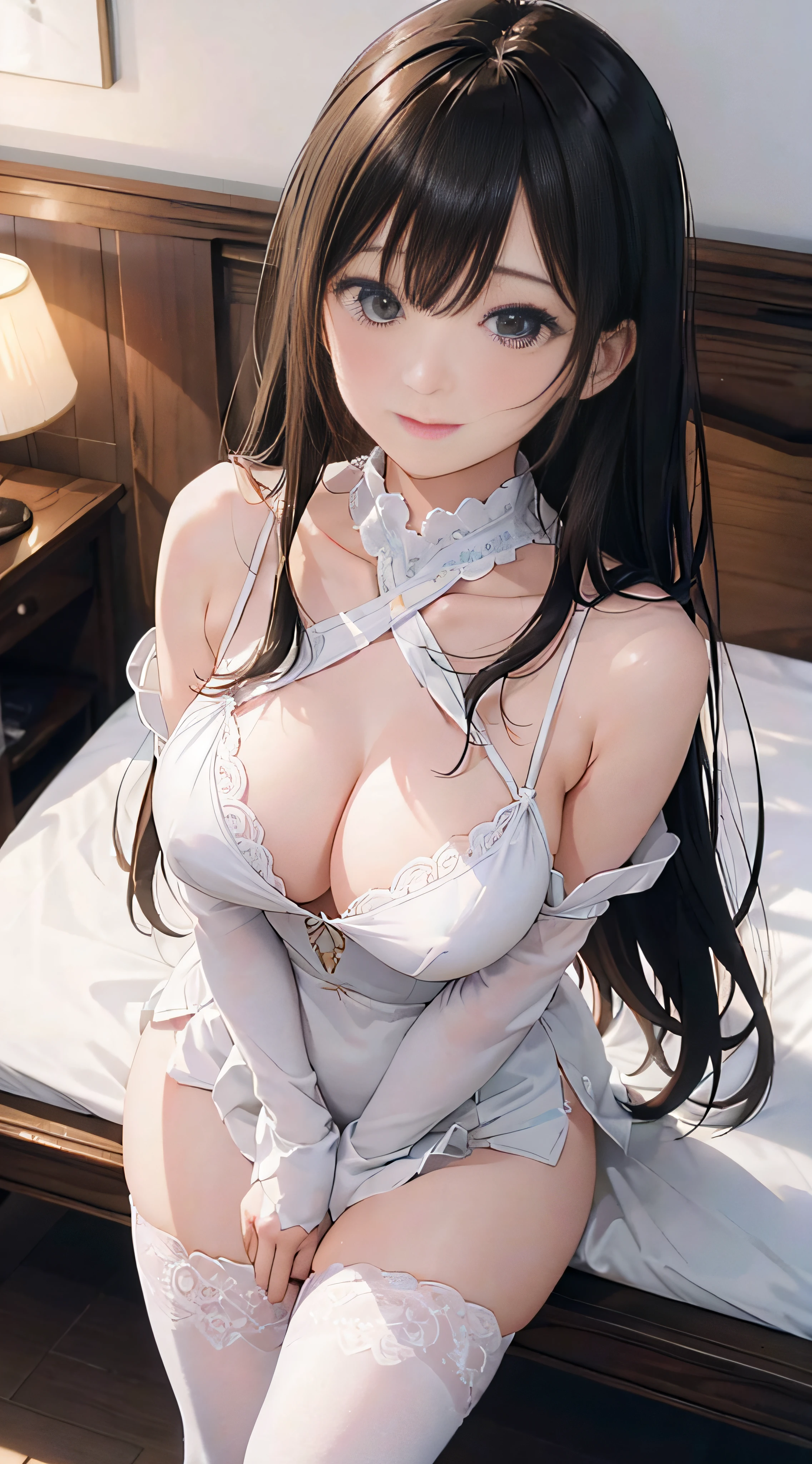 {8K Photo Quality:1.2}、{Ultra-high resolution photo quality:1.2}、{Super Real 1.2}、{Perfect limbs}、masutepiece、1womanl、Solo、White and Blue Companion Costume、Puffy nipple、a luxury hotel room、Shyness、Dynamic sexy poses、smil、Long Wave Hair、medium breast size、Stockings、