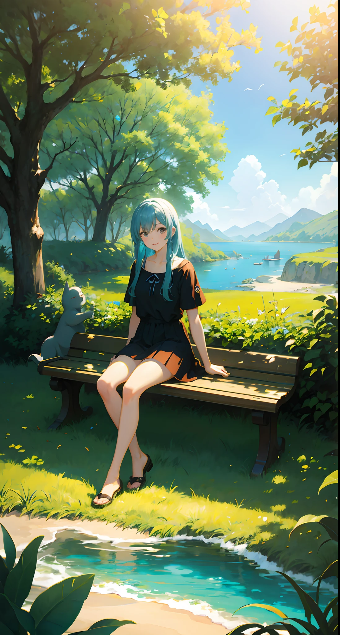 masterpiece, fisheye effect, a girl sitting on a bench looking at the ocean, a matte painting, featured on pixiv, higurashi, smiling down from above, unity 2 d, blue sky and green grassland, as a tarot card, smartphone resolution, point-and-click adventure game, dying earth, けもの, circle, standing in the savannah