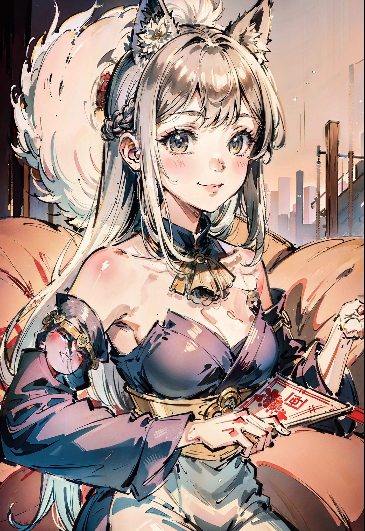 (tmasterpiece)、Best Quority、Good anatomy、(1girl in:1)、(Upper body body)、(a smile)、stunningly beautiful、length hair、has silver hair、Half Fox、(Hanff)、(Etch 0.5)、(The tree:0.5)、(florals:0.6)、(bamboo grove:0.2)、(Ogawa:0.2)、(flod:0.2)、(milkyway:0.2)、