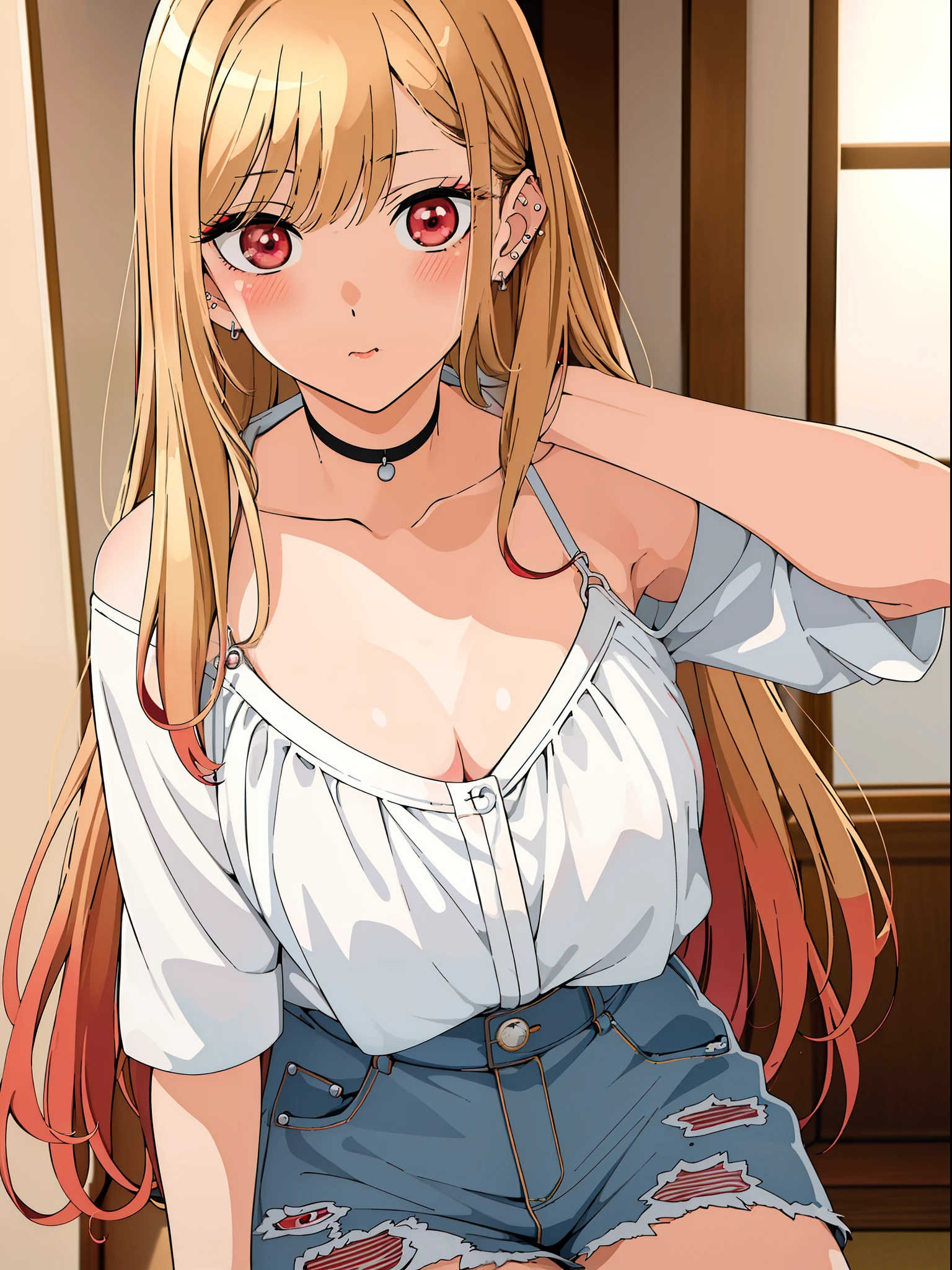 (masterpiece, best quality), Marin Kitagawa, beautiful girl, blonde hair, choker, ear piercing, earrings, long hair, piercing, (red eyes:1.5), straight hair, swept bangs, big chest,white top thin straps ,short shorts jeans , medium boobs,  , Exquisite visuals, high-definition,masterpiece,best quality, looking at viewer,looking at viewer,