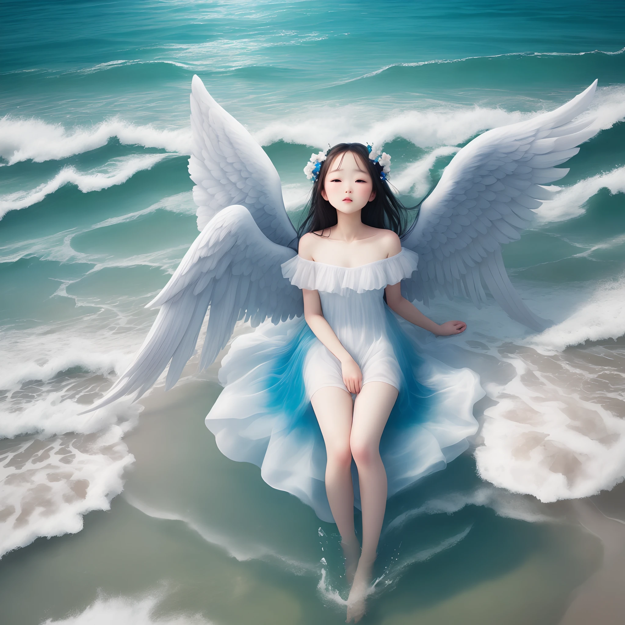masterpiece, top-quality, in 8K, realperson, 逼真, Highly detailed CG, shinny skin, Fully Focused, blue-sky, ((Floating in the air)), The Glory of God, ((Little Angel)), (fullnude), white feathers dance, Full body like