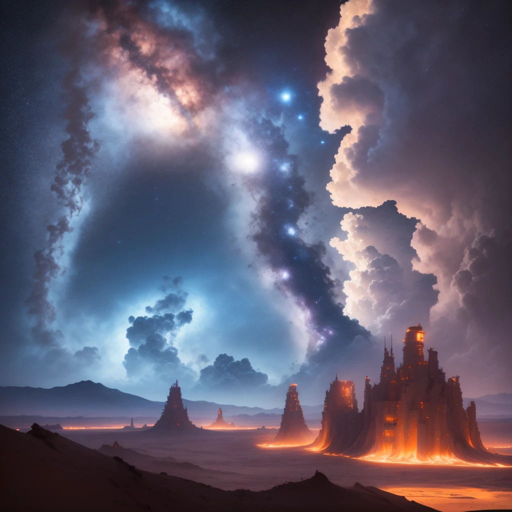 with blue sky and white clouds，Kizi, bun hairstyle, Light-colored hair，Alien base (Very detailed girl) In the mountainous desert，There are several exhaust fans and chimneys, Some spotlights come out of the base to illuminate dark places, (Extreme nights), Some clouds in the night sky, Some of the surrounding planets provide air to unknown planets，The farthest giant volcano is erupting，with blue sky and white clouds，with blue sky and white clouds