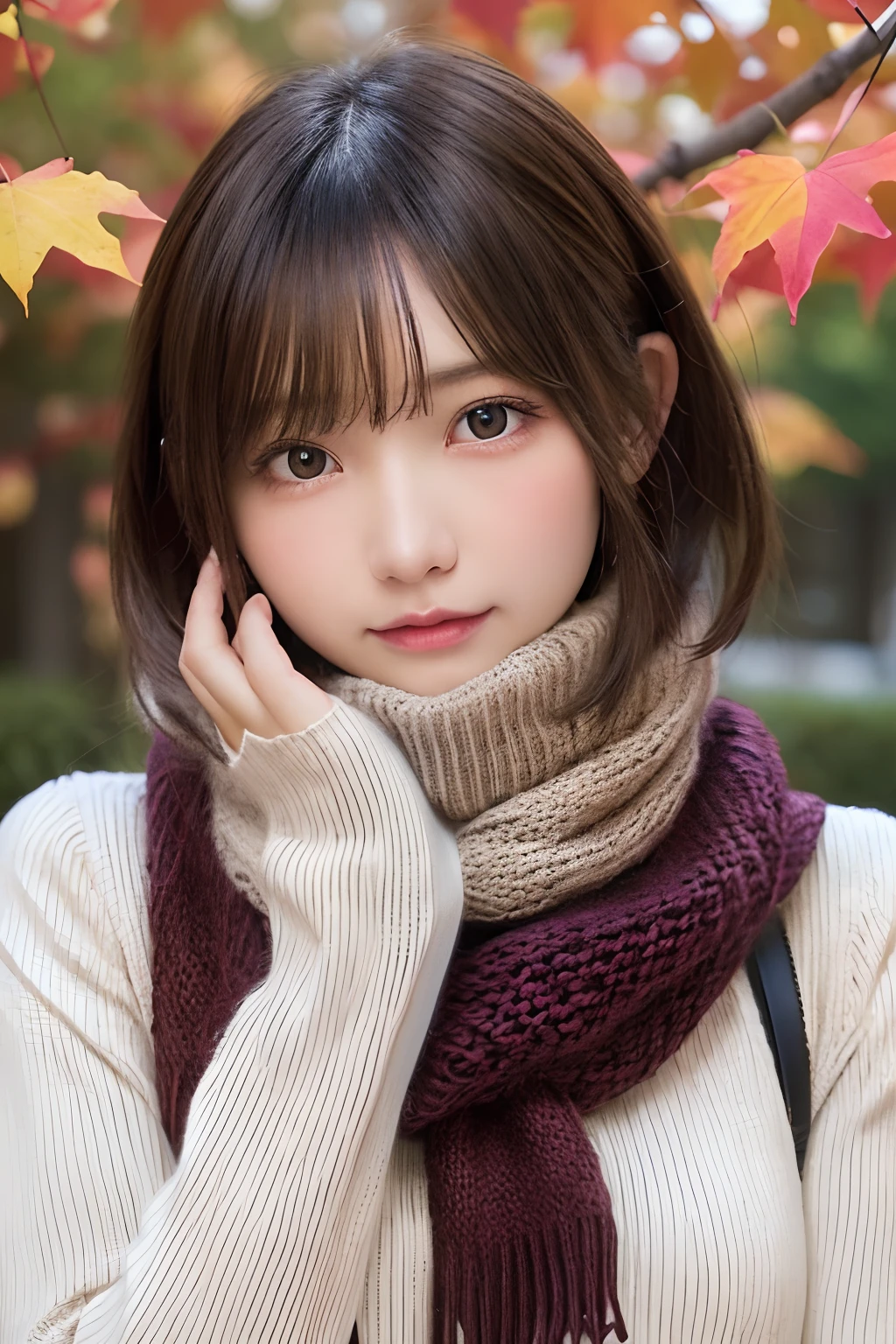 masutepiece, Best Quality, One girl, (a beauty girl, kawaii:1.3), (20 years old:1.3), Very fine eye definition, (Symmetrical eyes:1.3), (Autumn leaves), (Sweaters, scarf:1.2),  Same as, Big Tits, large full breasts, Double D size, , Brown eyes, Parted bangs, Brown hair, girl,Proud、Hands in front of the face