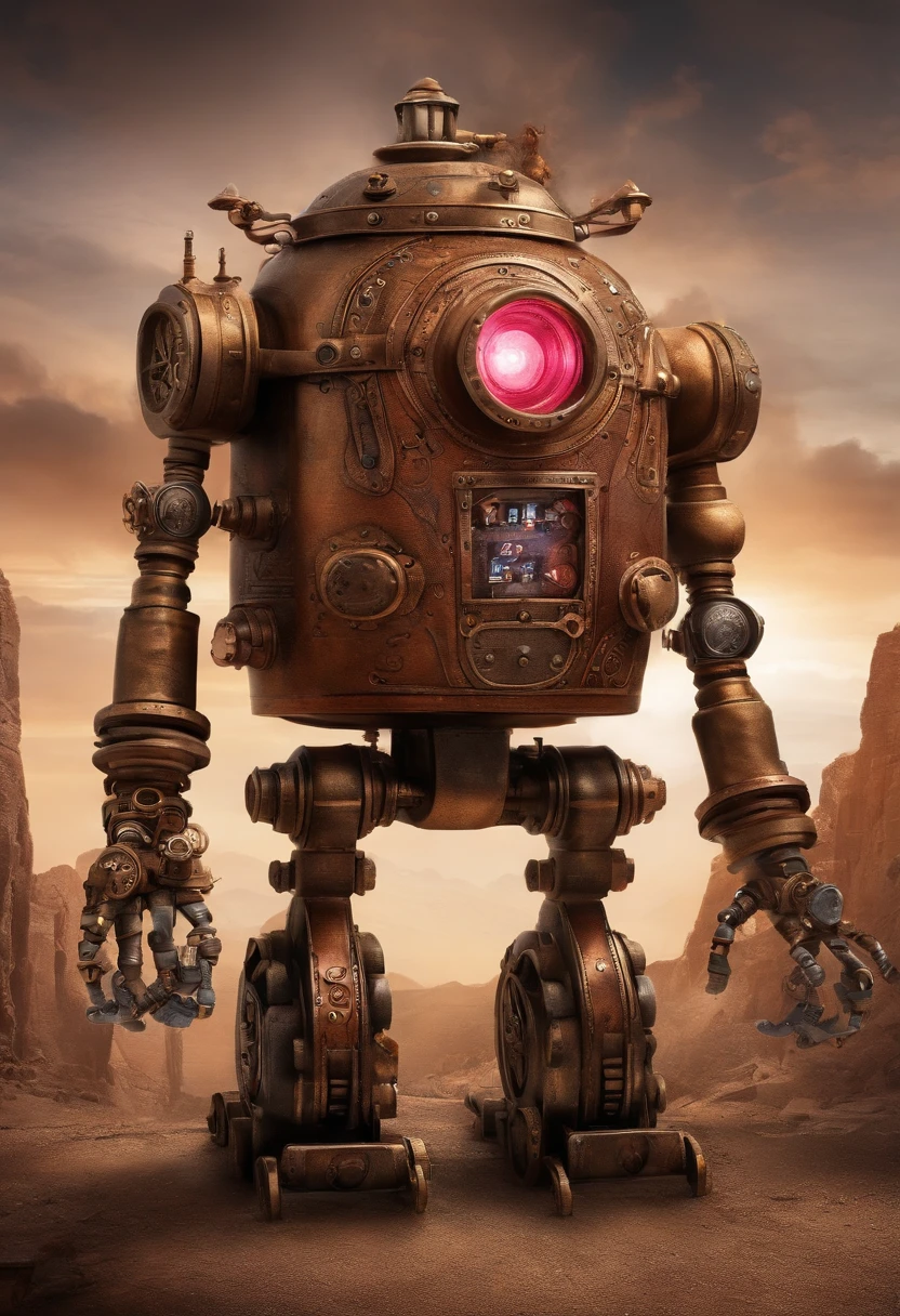 A toon Crazy whit a Big ONE a Only RED Eye Robot CCCP Soviet, and sEport team, tongs in hands, Tv head, pinhead, camouflage Gold Silver Pink Rusty, Ambient in a meteorite crater super detailed, center, beautiful, soft lighting, focused on the character, 4K resolution, photorealistic rendering,