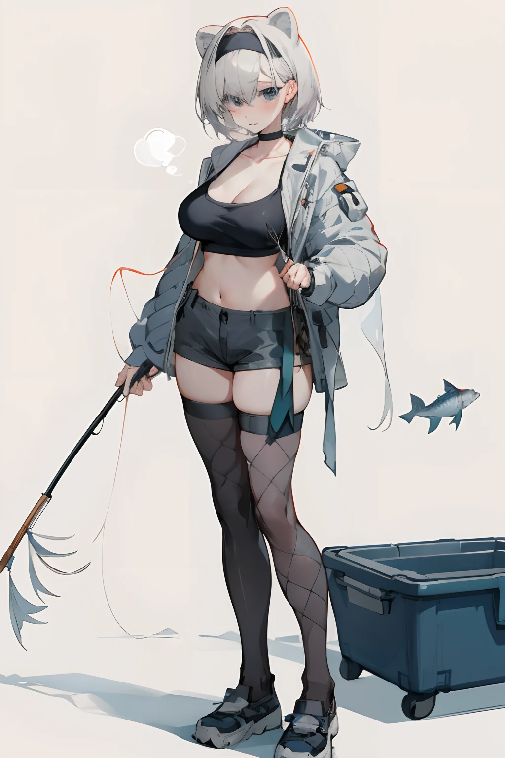 Leakage out of the collarbone，Neck leakage，boobgasm，Stand up，standing straight，Blank background，Fishing，fishnet stockings