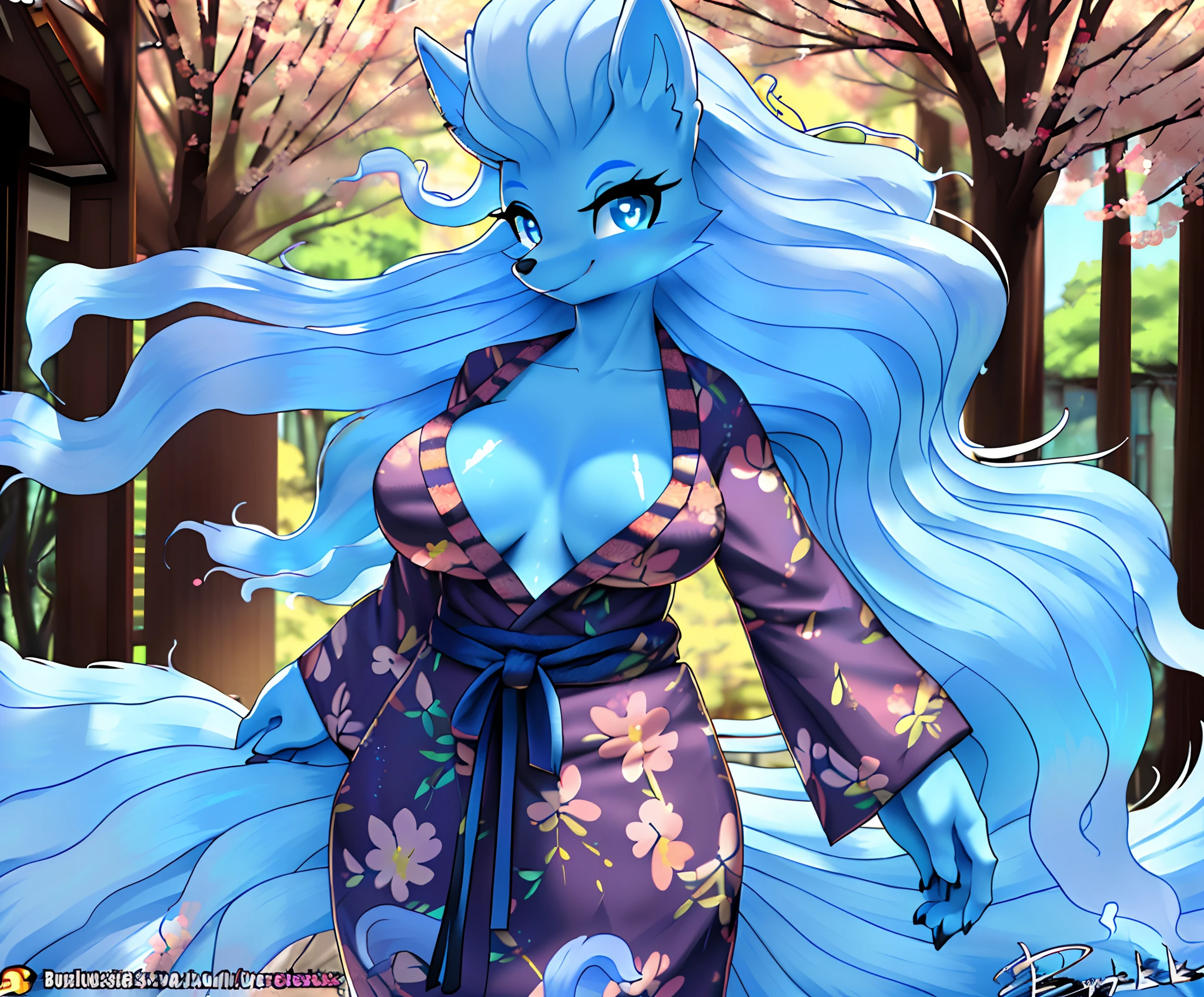 1girl ((Made by Burgerkiss)), ((Alolan Ninetales)), ((solo)), ((big and firm breasts, antrum, extremely detailed, extremely detailed legs, extremely detailed arms, extremely detailed face, perfectly detailed eyes , (perfectly detailed anatomy))), looking at viewer, ((Wearing a Japanese Yukata: 1.2)), beautiful detail)) ((Sakura Trees))