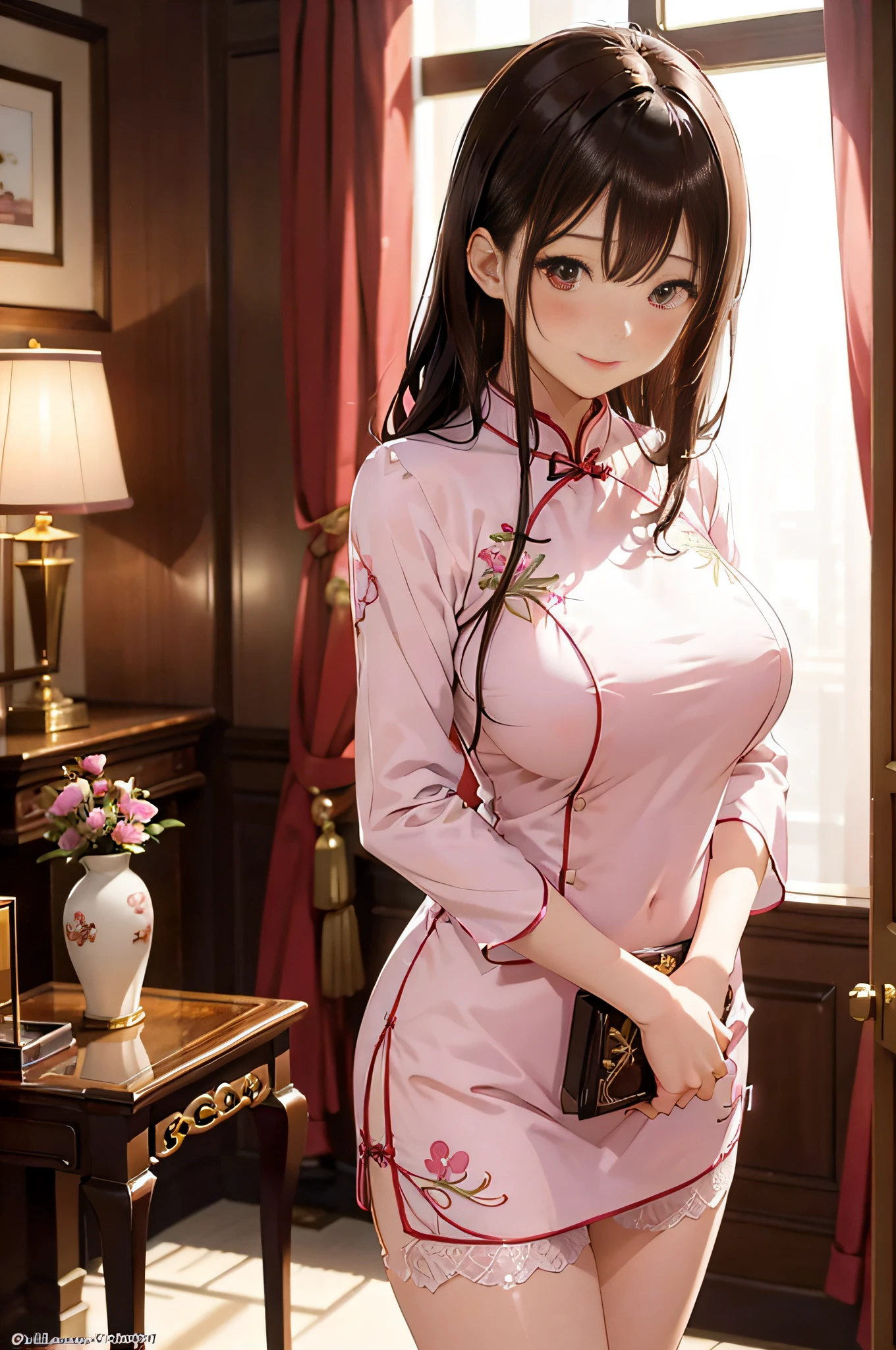 masutepiece,Best Quality,High resolution,Fine details,Solo,Adult Woman,blush,Curve,Large breasts,Sweat,Oily skin,(Brightly colored embroidered cheongsam),(On a luxury hotel bed)、Dark brown longhair、Shy laughter、Stretch the hem of the buttocks with a slouch