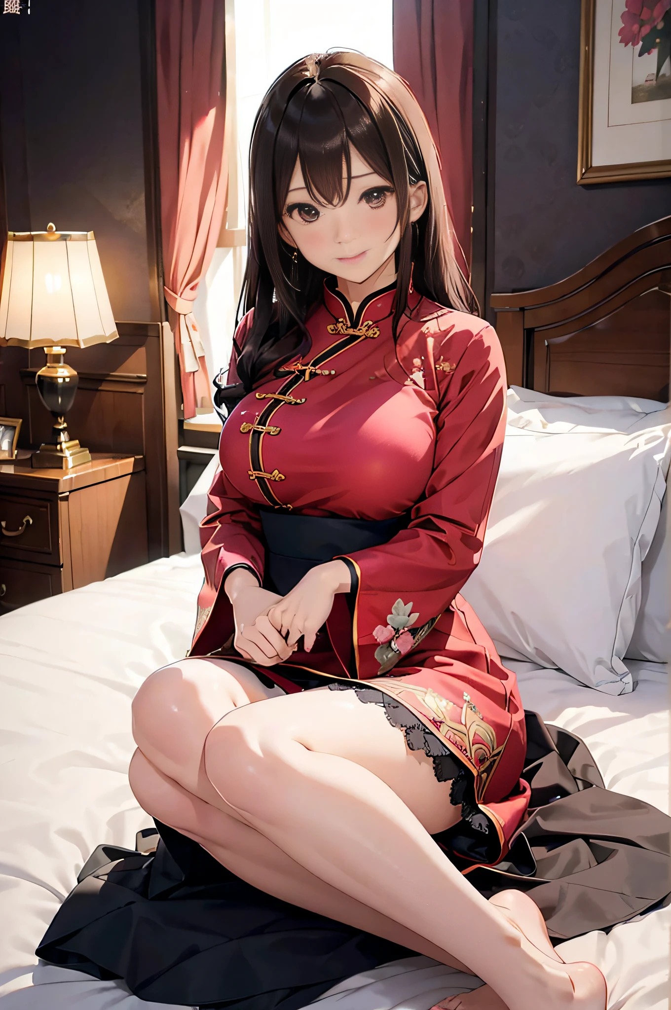 masutepiece,Best Quality,High resolution,Fine details,Solo,Adult Woman,blush,Curve,Large breasts,(Wet white cheongsam、gorgeous embroidery),Luxury hotel beds、Dark brown longhair、waved hair、Shy laughter、Stockings、Puffy hips、Puffy nipple、lyin in bed、Red lace panties、Open knees、Hug a pillow