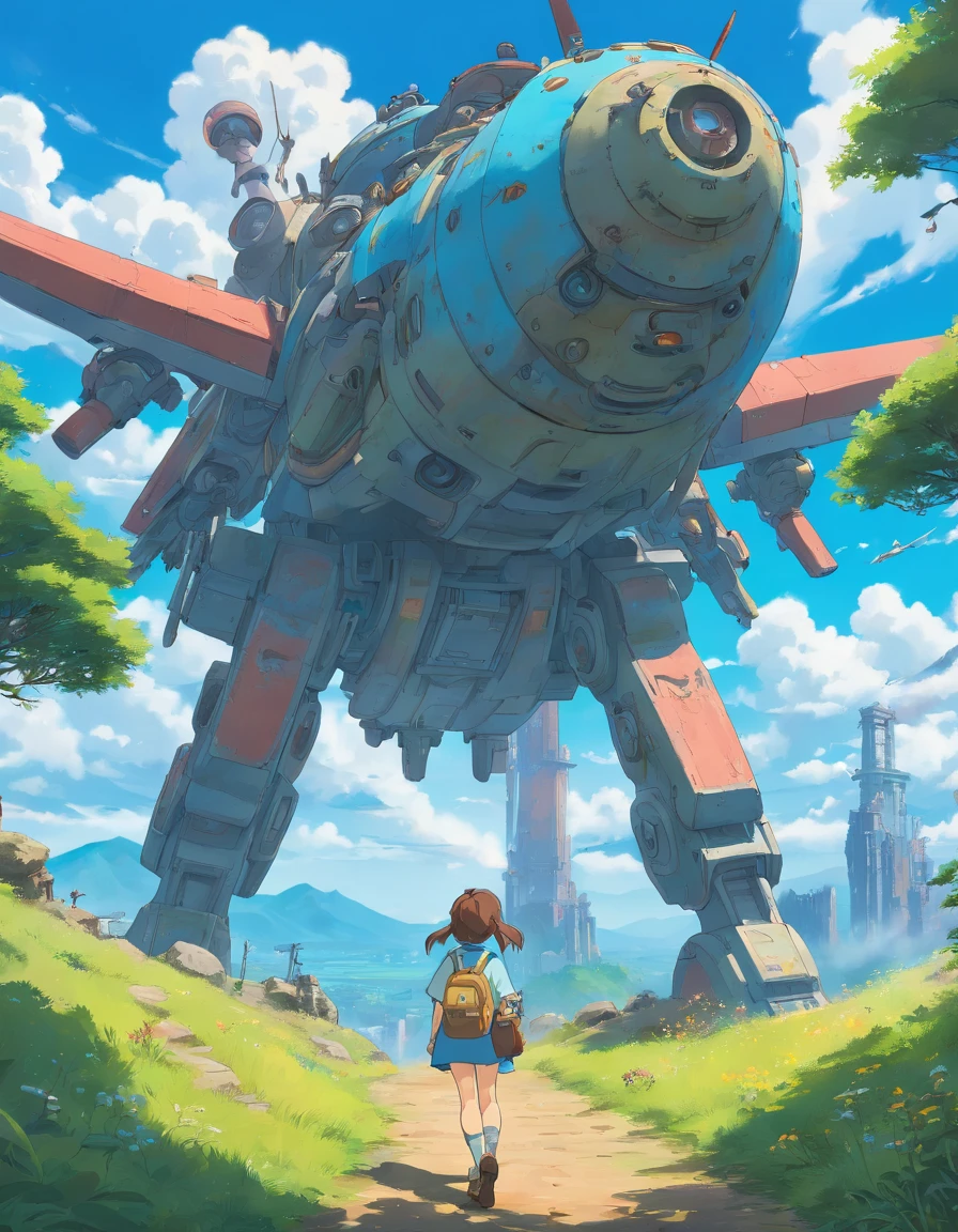 The ultra-realistice, 4K, 8K, HDR images feature vivid blue skies and scattered clouds, Depict a post-apocalyptic world，suffer "Fallout" and "Horizon Zero Dawn," Robotic animals roam the inhospitable landscape, There is a stark contrast between nature and technology