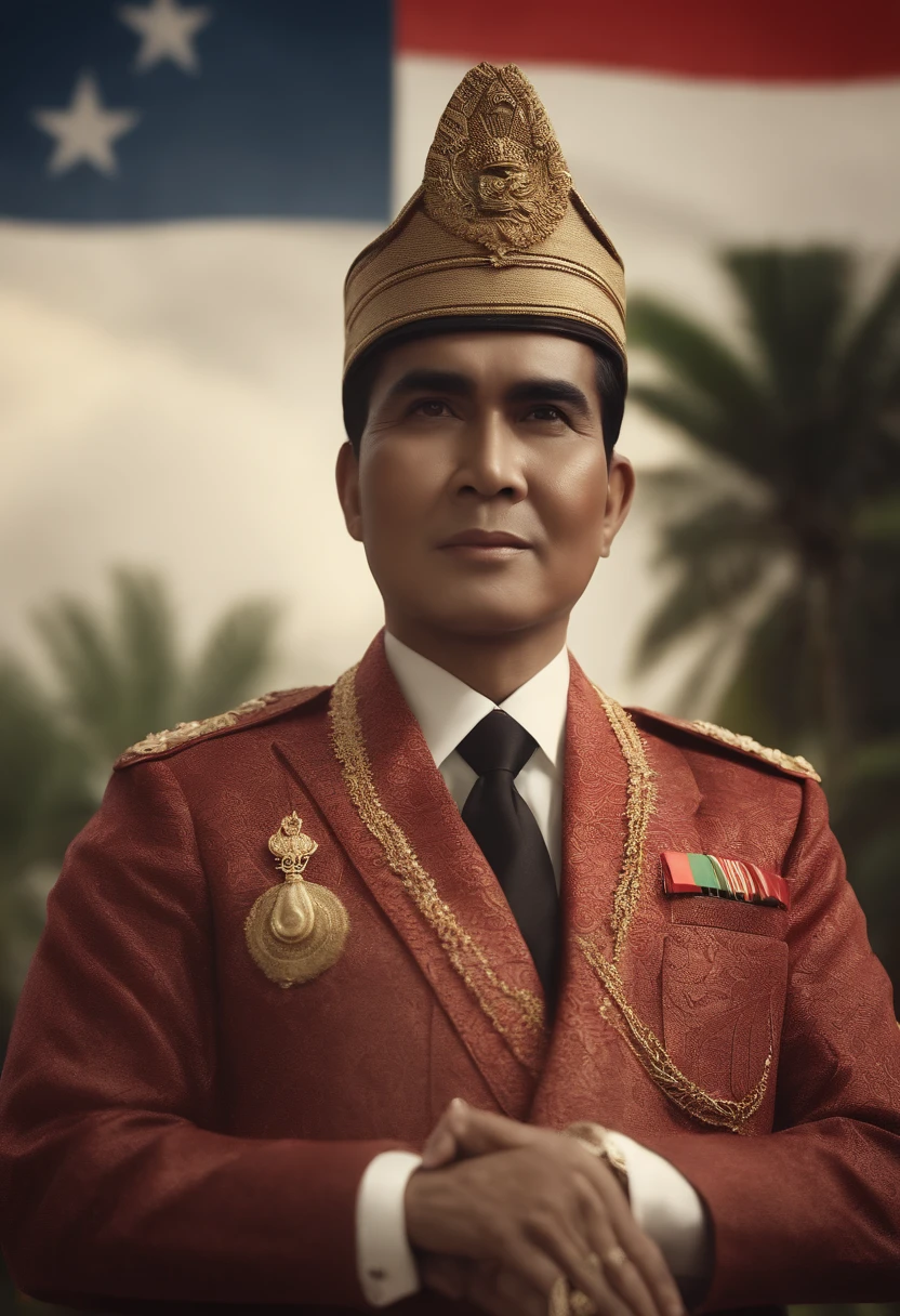 Create a dignified portrait of Sukarno, the first President of Indonesia, featuring traditional Indonesian clothing, with a warm and charismatic expression, set against a background that symbolizes the Indonesian flag