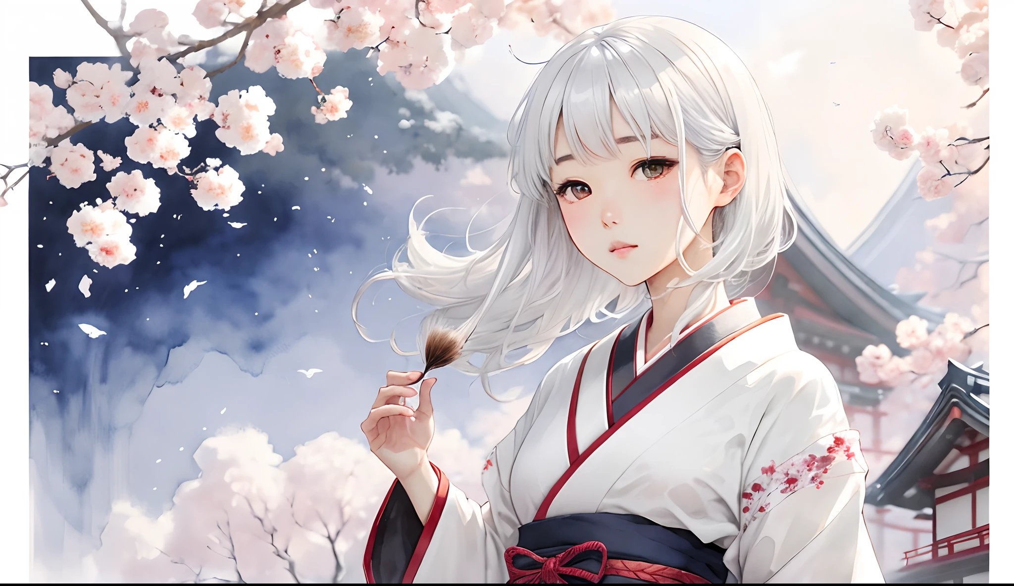 girl with、white hair、Long、A Japanese style、illustratio、aquarelle、