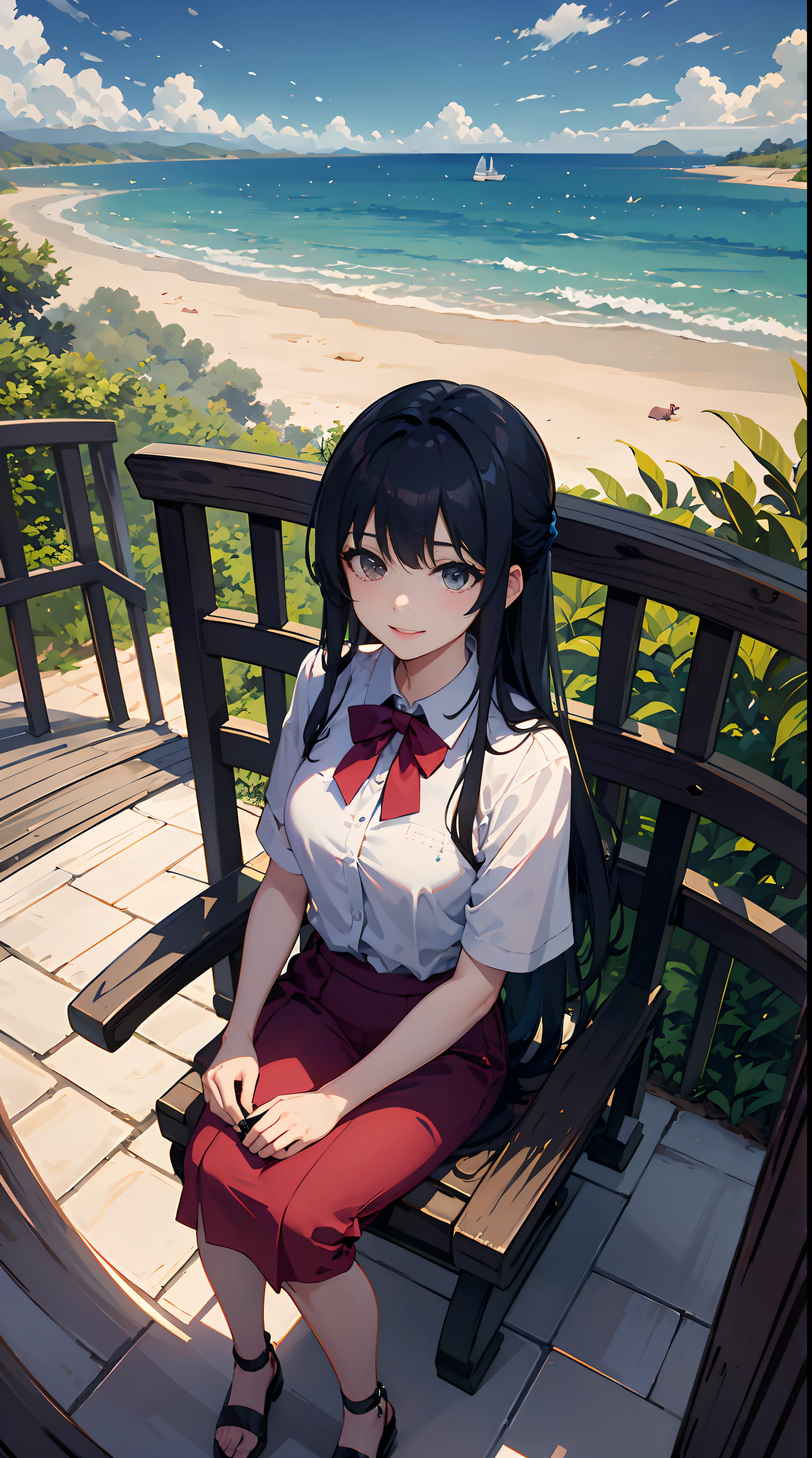 masterpiece, fisheye effect, a girl sitting on a bench looking at the ocean, a matte painting, featured on pixiv, higurashi, smiling down from above, unity 2 d, blue sky and green grassland, as a tarot card, smartphone resolution, point-and-click adventure game, dying earth, けもの, circle, standing in the savannah