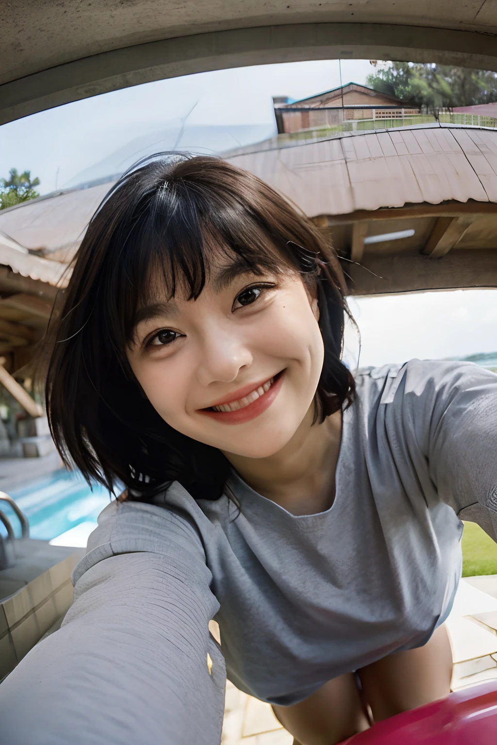 1girl, depth of field, from below, bent over, face, pov, foreshortening, smile,
