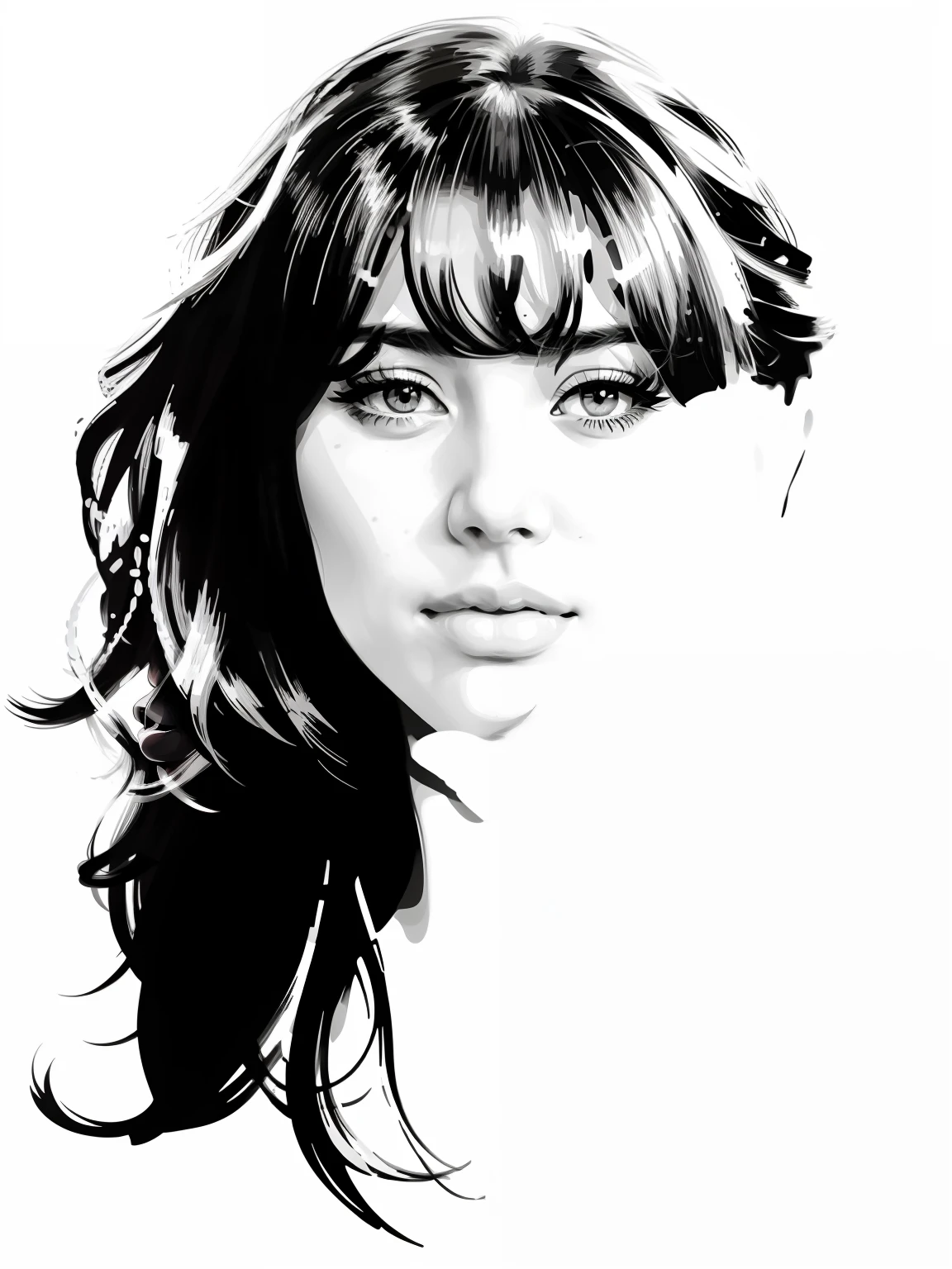 a black and white drawing of a woman's face with long hair, black and white vector art, vector ink drawing, vector style drawing, high contrast illustration, black and white ink style, vector art style, vector artwork, detailed vectorart, hd vector art, detailed illustration portrait, highly detailed vector art, in style of digital illustration, vector drawing, vector art, beautiful Caucasian woman