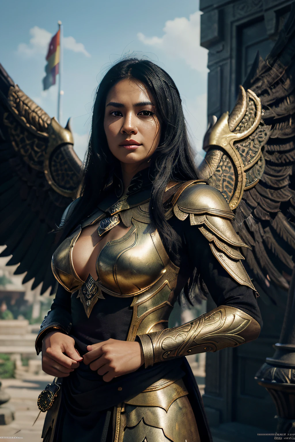 Indonesian male superhero with black hair, wearing elegant black armor and a gold-patterned robe, set in a future Indonesia with a statue of Garuda Indonesia, holding an Indonesian flag and a Palestinian flag.
realistic rendering, Dungeons and Dragons, Fantasy, octane rendering, zbrush. Character designs, photorealistic, unreal machines, highly detailed, concept art, trending on art station. ((best quality)), ((masterpiece)), ((realistic)), (detail), close-up portrait, full body portrait, black eyes, looking at the viewer, Fantasy art, stunning gradient colors, no watermark , closed mouth, detailed background, closed mouth, amazing detail, ((masterpiece)), absurd, HDR.