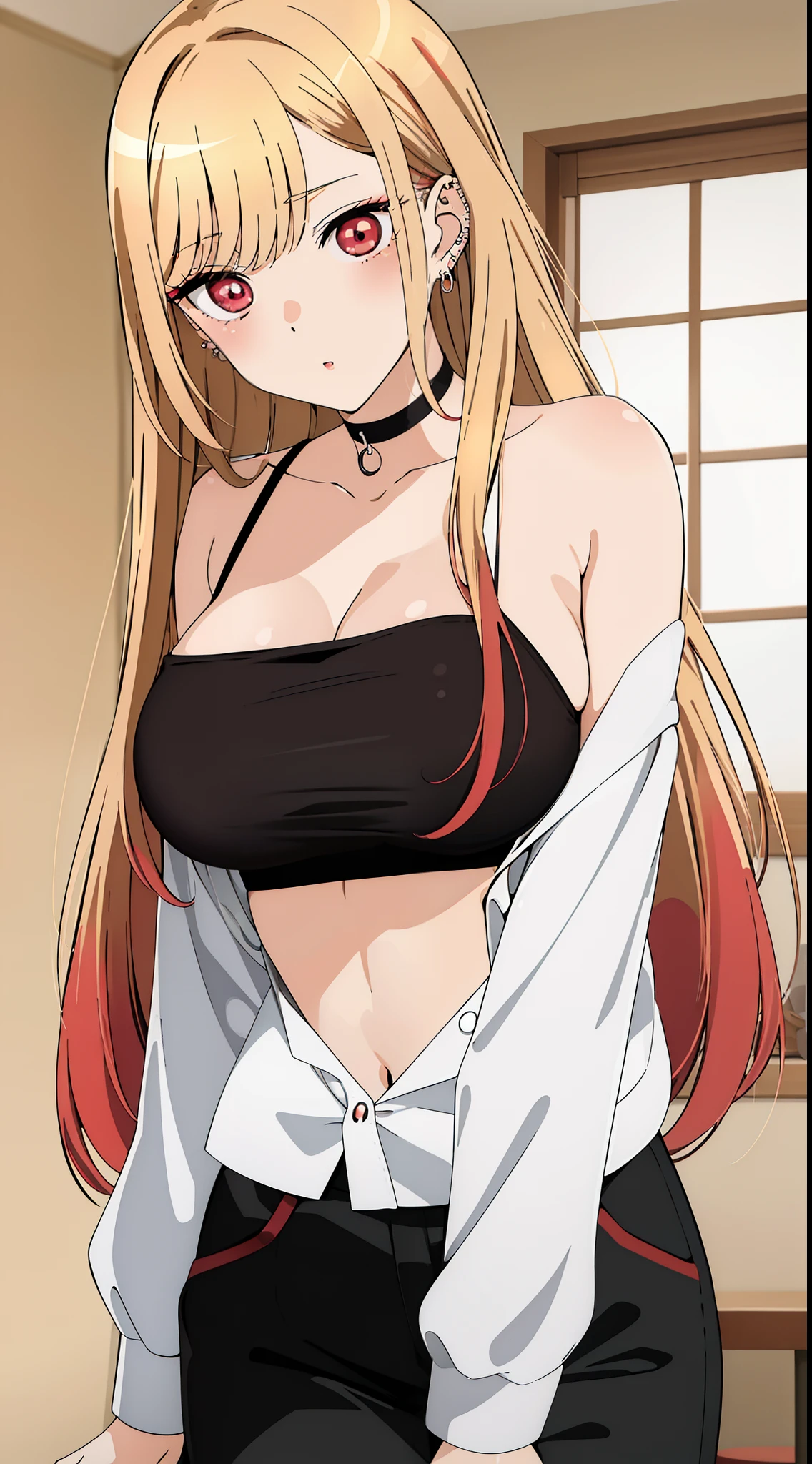 (masterpiece, best quality), Marin Kitagawa, beautiful girl, blonde hair, choker, ear piercing, earrings, long hair, piercing, (red eyes:1.5), straight hair, swept bangs, big chest,white top thin straps ,tight black pants punk look , medium boobs,  , Exquisite visuals, high-definition,masterpiece,best quality, looking at viewer,looking at viewer,