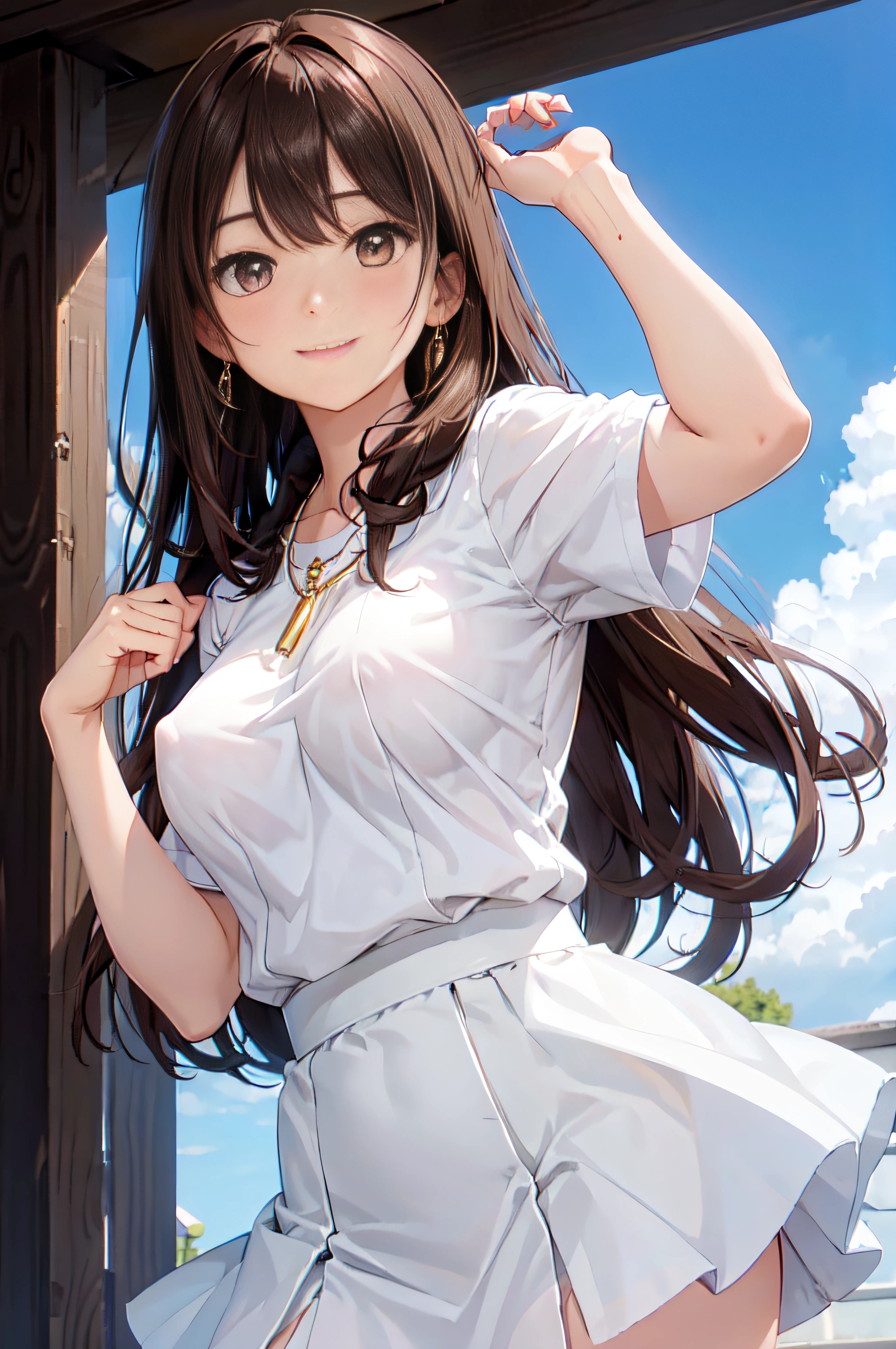 (High quality, High resolution, Fine details, Realistic), Long Wave Hair、dark brown hair、Earring、Modest necklace、White shirt with short sleeves, Flare skirt in bright colors, Put your hands behind your back, crystal clear skies, Strong sunshine, Solo, Adult Woman, Sparkling eyes, Smile, blush, Large breasts,  Oily skin, Shallow depth of field、Puffy nipple、Pose with chest emphasis in a slouching position、Holding the skirt with your hands