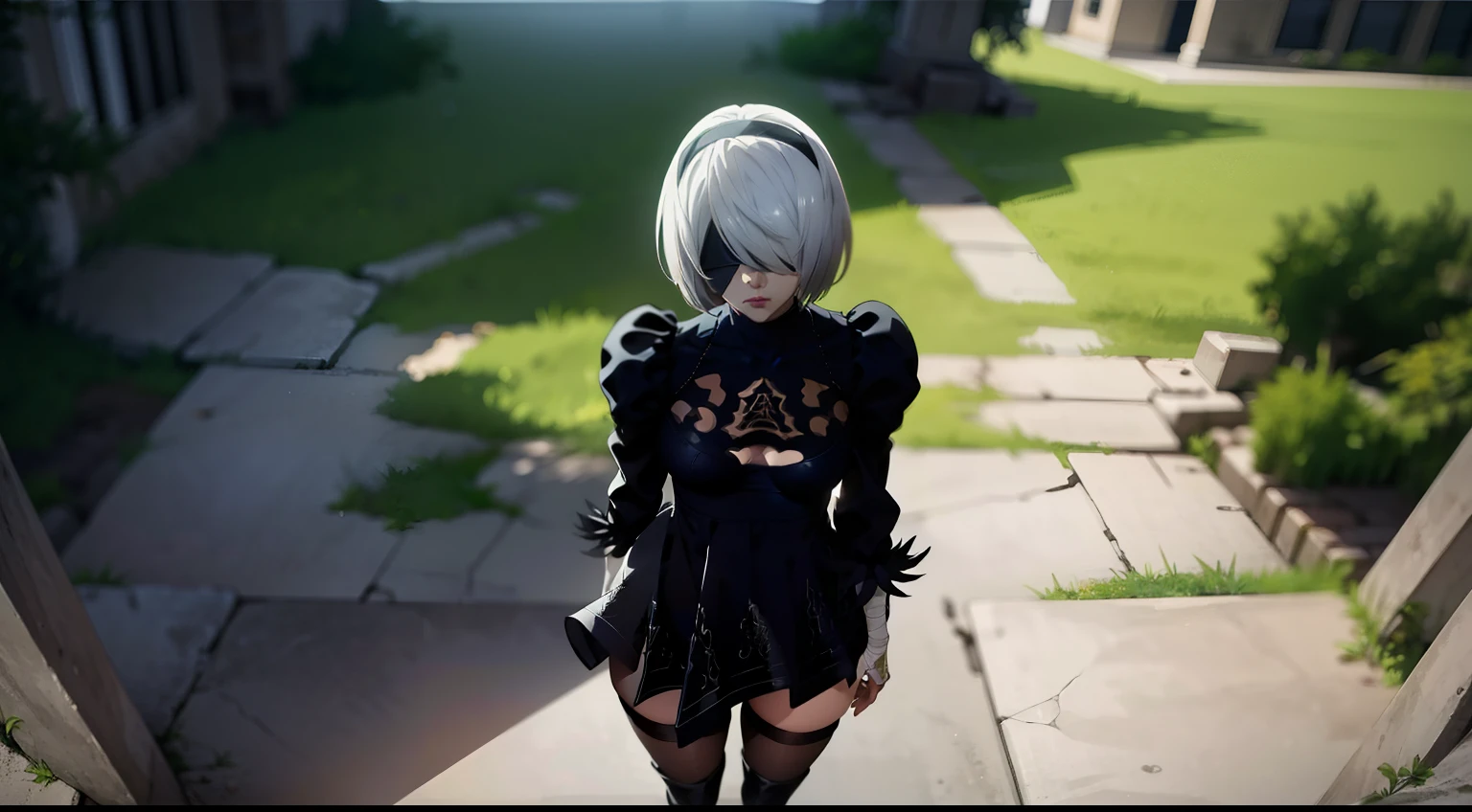 Camera from above, leans forward, A black blindfold covers the eyes, Standing on the edge, stands, erotic posture, half naked, Nudie, Erotica, Camera from above, Frame from above, shapely legs, stands on the edge of the roof, White Hair Bob, ashy hair, The eyes are covered with a bandage, Cyan eyes, black dress with a short skirt, short black skirt, Skirt covers buttocks, neckline on the chest, white panty, black stockings, high black boots, high-heeled boots, very extremely beautiful, Small firm buttocks, Slender figure, Full-length(Body Full 1.1),Game nier automata, ruined city, The city, overgrown with plants, Ruins, high detail official illustrations, ((beautiful fantasy girl)),Red Small Breasts, Her breasts are sticking out from under her clothes, BREAK (Master Part: 1.2), Best Quality, High Resolution, photorealestic, photogenic, Unity 8k壁纸, (illustartion: 0.8), (Beautiful detailed bluish-gray eyes: 1.6), extremely detailed face, perfect lighting, extremely detailed CGI , (perfect arms, perfect anatomy), A girl with perfect breasts, beatiful face, master study, intricate details, Detalhes realistas, the anime, (Based on nier automata) the perfect body, The Perfect Girl, perfect details, Ultra HD |, 8K, Professional photo, Anime Style 2B,