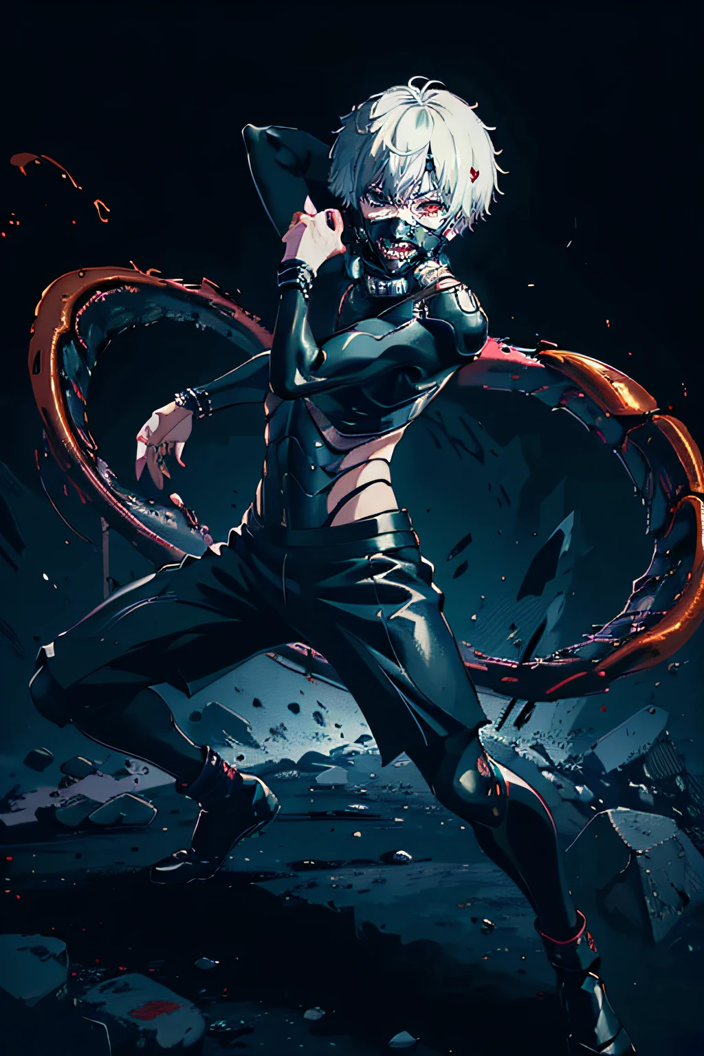 1boy,8k, anime, portrait, best quality, ultra high res, ultra detailed, black and high constrast color tone, extremely detailed lighting, cinematic lighting, soft lights, (masterpiece, high quality:1.4), (kaneki ken, black hair, white hair, red and black eye, mask | teeth, blood eyes, black clothes, scorpio tentacles),  blood, ((full body)), (dynamic pose), black background, thrilling, (fierce face) detailed body, detailed face