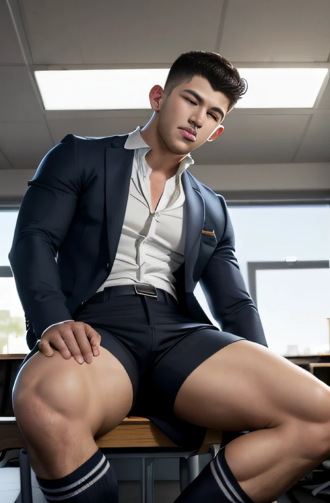 nick jonas muscular sitting in the middle of class classroom students at other desks learning school boy schoolboy uniform shorts knee high socks blazer spread legs big bulge looking at camera shoes in view fully body bulge in view looking at camera