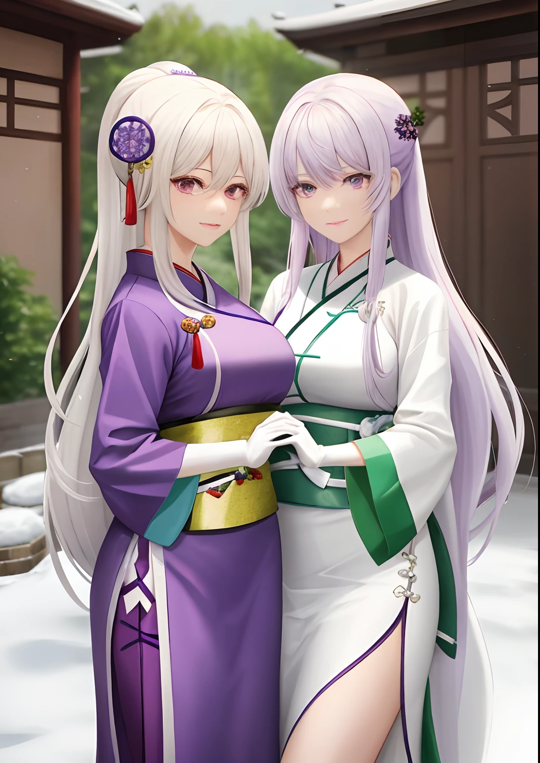 two women,All long white hair,One wears a purple Hanfu,The other was wearing a green hanfu,All wore long white gloves,The environment is snowy