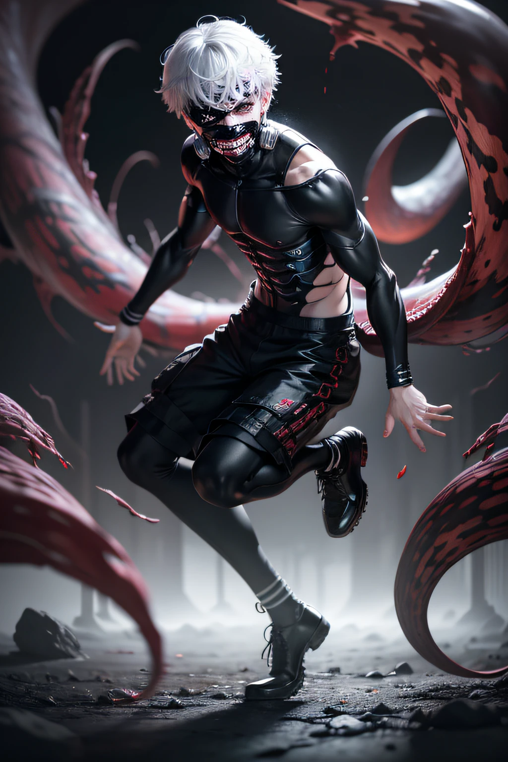 1boy,8k, anime, portrait, best quality, ultra high res, ultra detailed, black and high constrast color tone, extremely detailed lighting, cinematic lighting, soft lights, (masterpiece, high quality:1.4), (kaneki ken, black hair, white hair, red and black eye, mask | teeth, blood eyes, black clothes, scorpio tentacles),  blood, ((full body)), (dynamic pose), black background, thrilling, (fierce face)